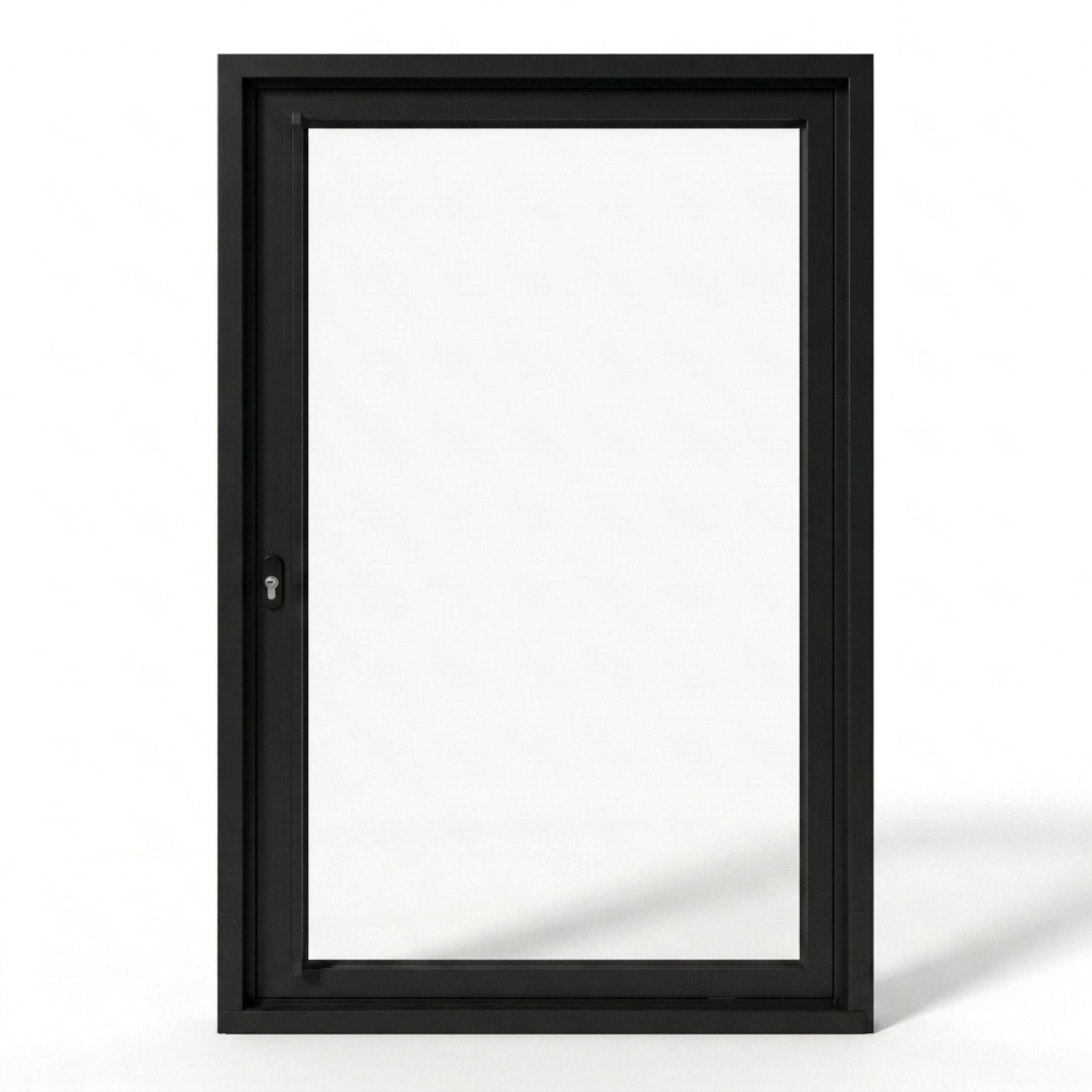 Alexues aluminum 1-lite pivot entry door, matte black finish with full-view clear low+e glass, right-hand inswing configuration, exterior view, thermally-broken