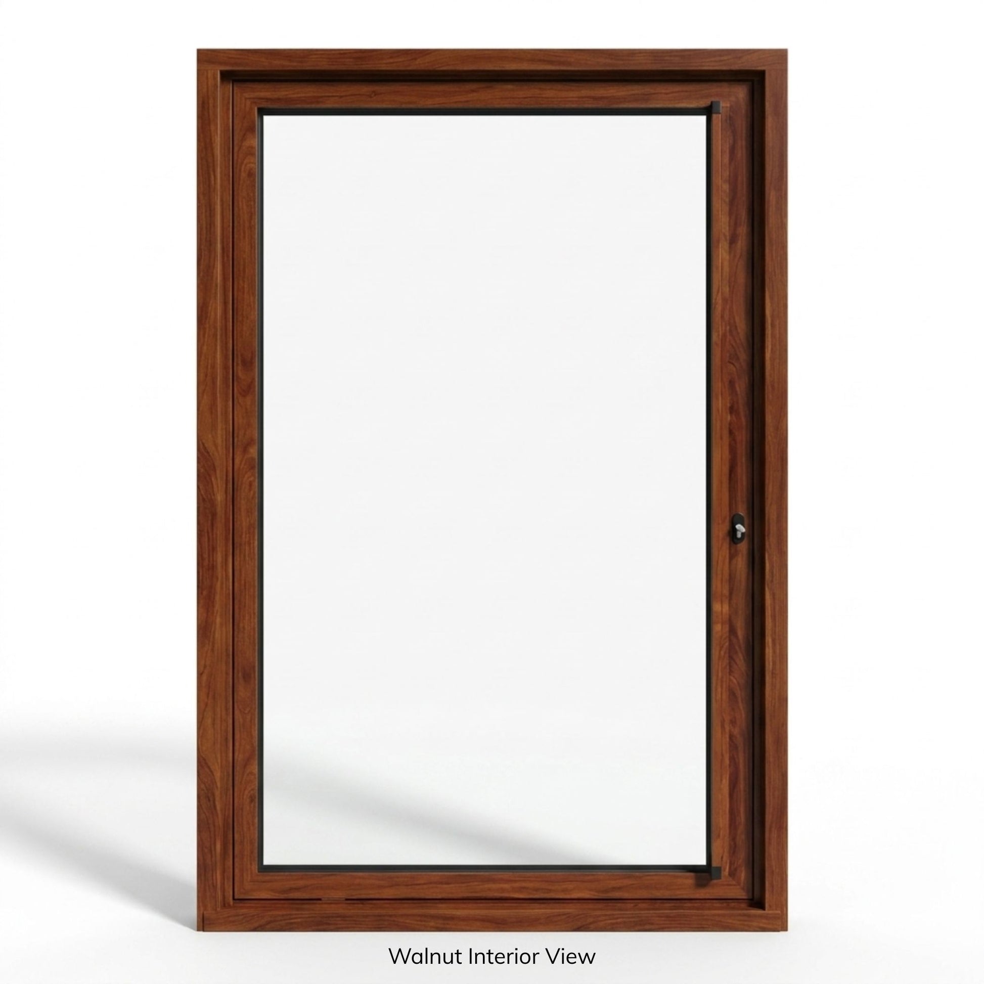 Alexues aluminum 1-lite pivot entry door, walnut wood grain interior finish with full-view clear glass, interior view, thermally broken