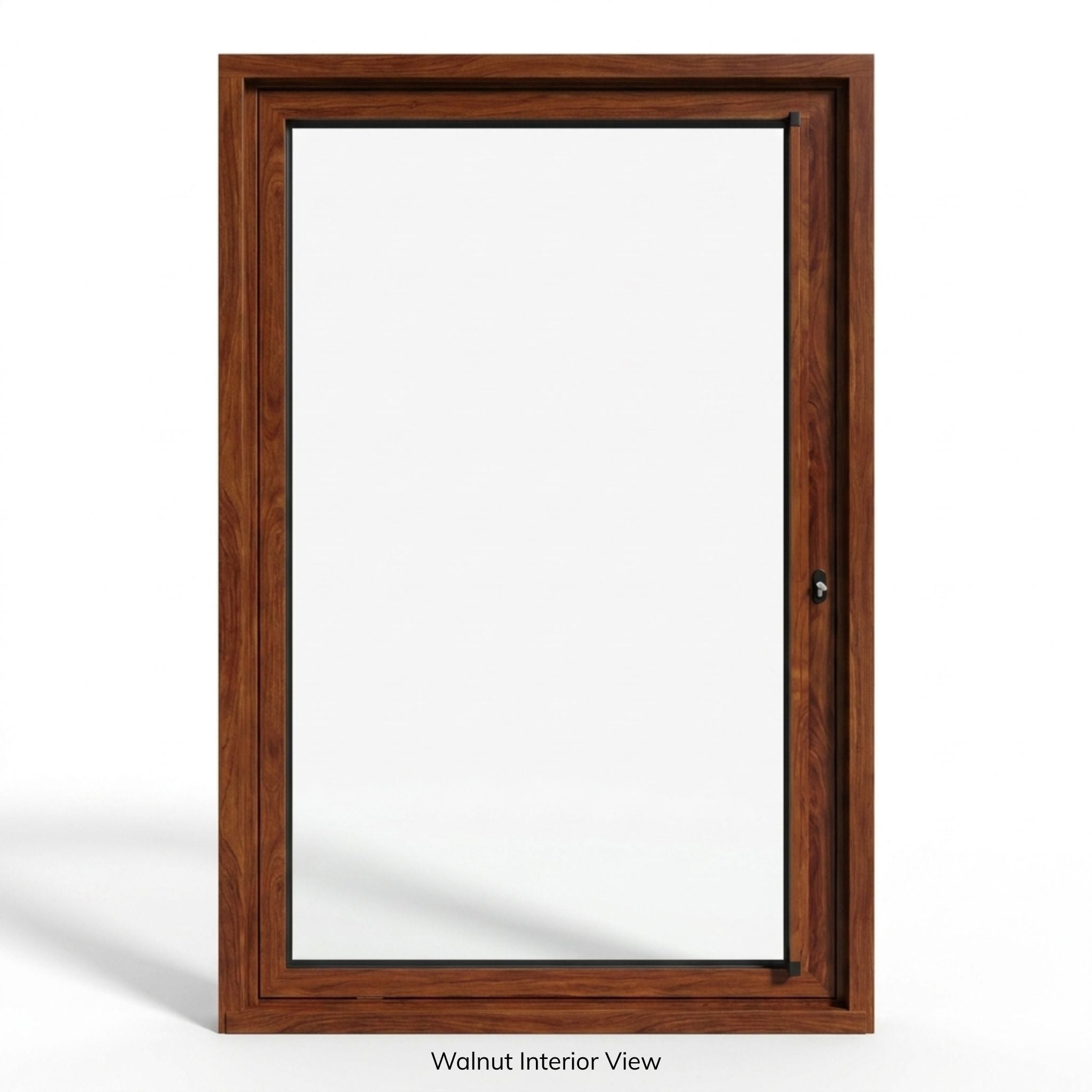 Alexues aluminum 1-lite pivot entry door, walnut wood grain interior finish with full-view clear glass, interior view, thermally broken