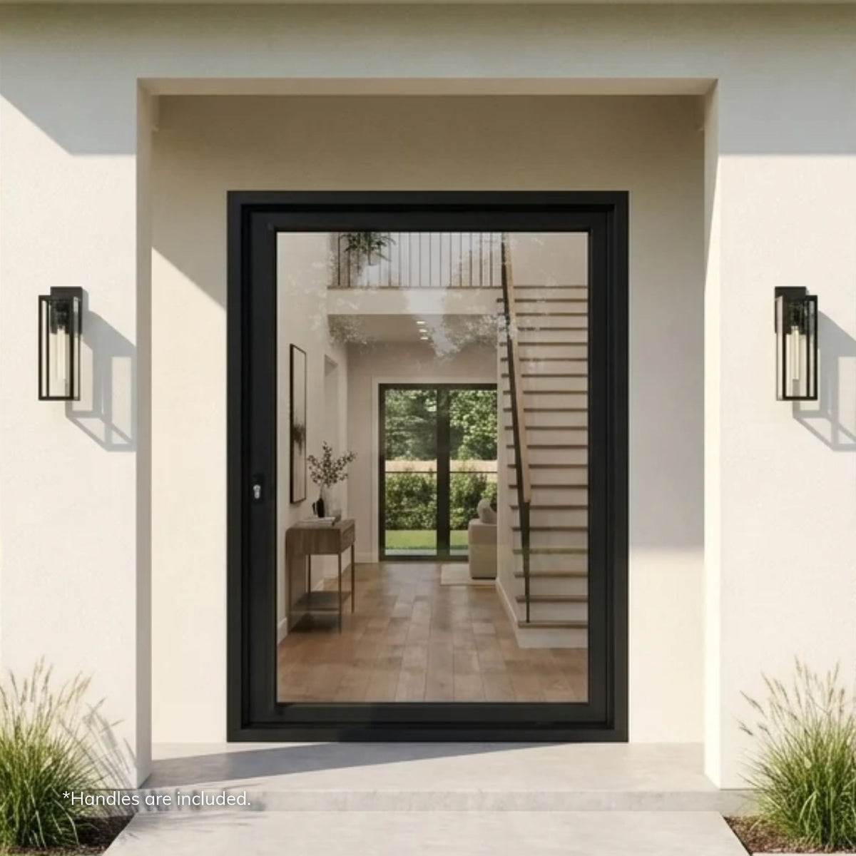 Alexues black aluminum pivot entry door with a single full-view clear glass lite, set in the recessed entry of a minimalist white stucco home