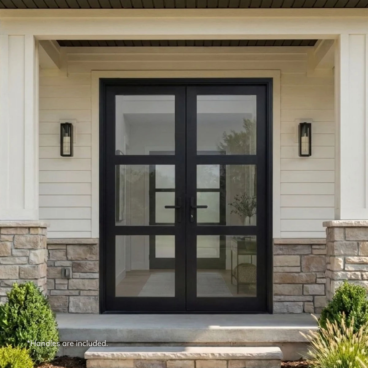 Alexues black aluminum 3-lite double thermal break entry door with clear glass, installed on a craftsman-style home with cream lap siding and a stacked stone base