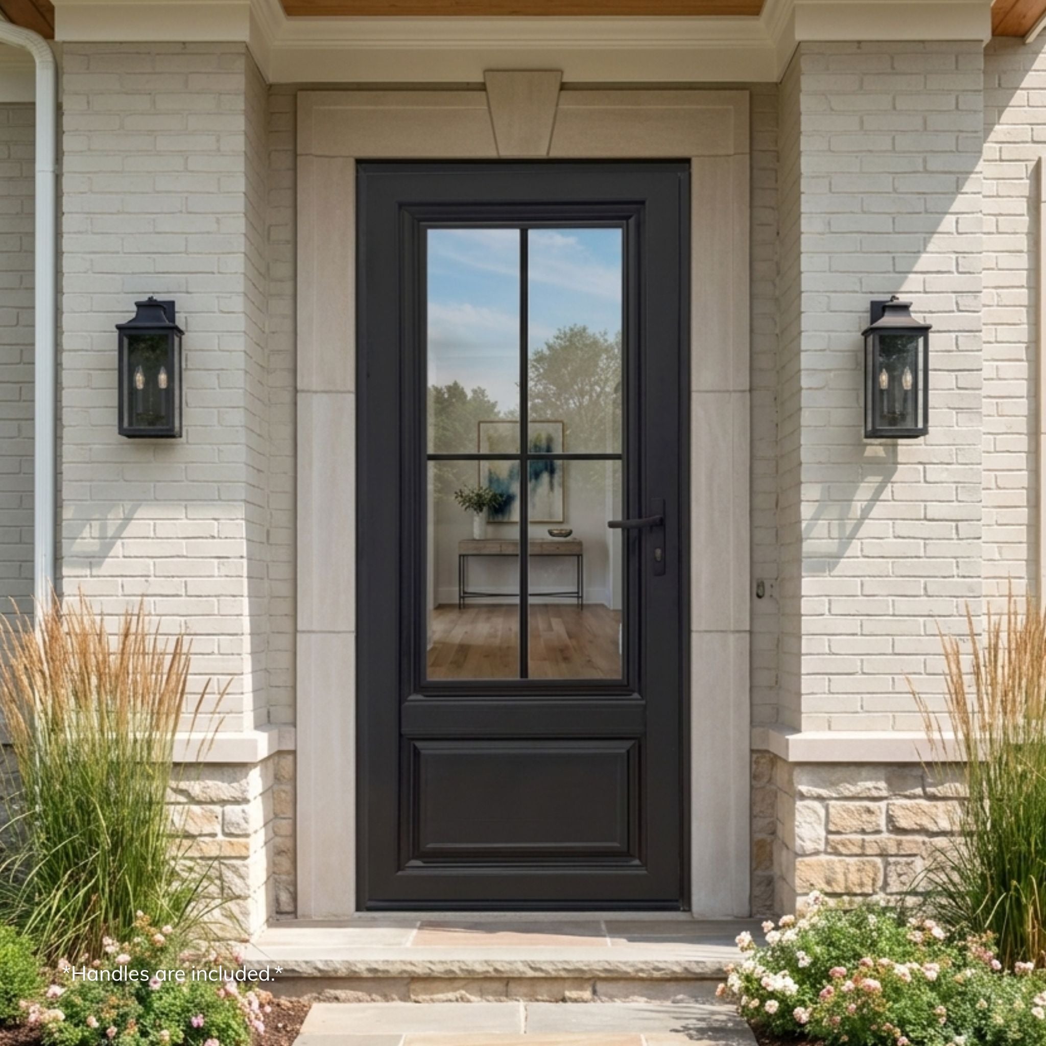 Alexus aluminum 4-lite single entry door, matte black finish with divided-lite clear glass, installed on a white brick home exterior