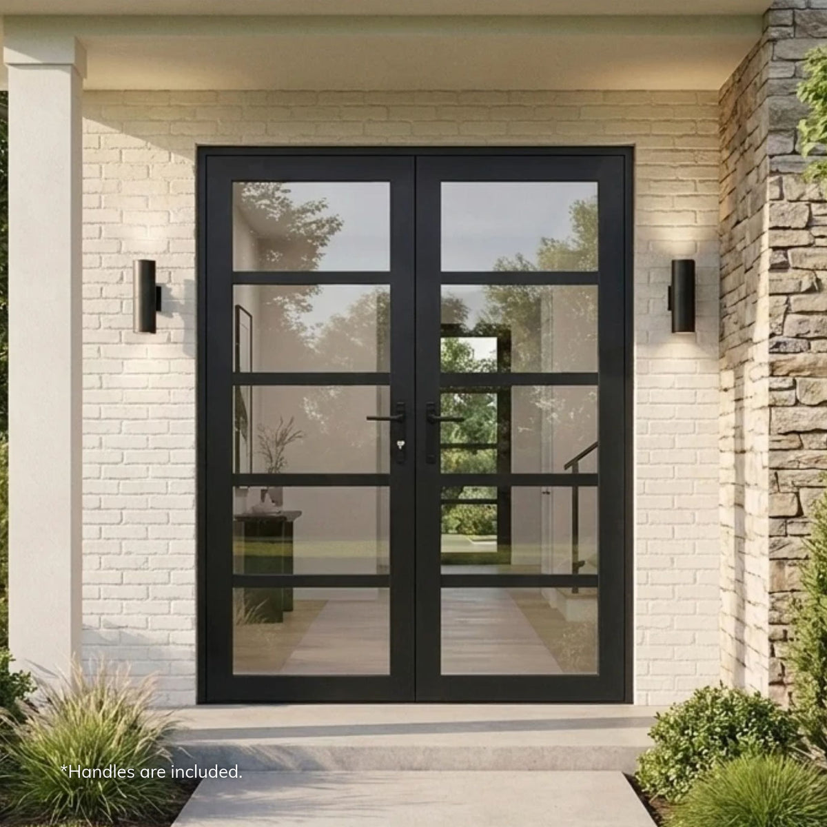 Alexues black aluminum double thermal break entry door with five clear glass lites per panel, installed on a modern home with painted white brick and a stacked stone accent wall