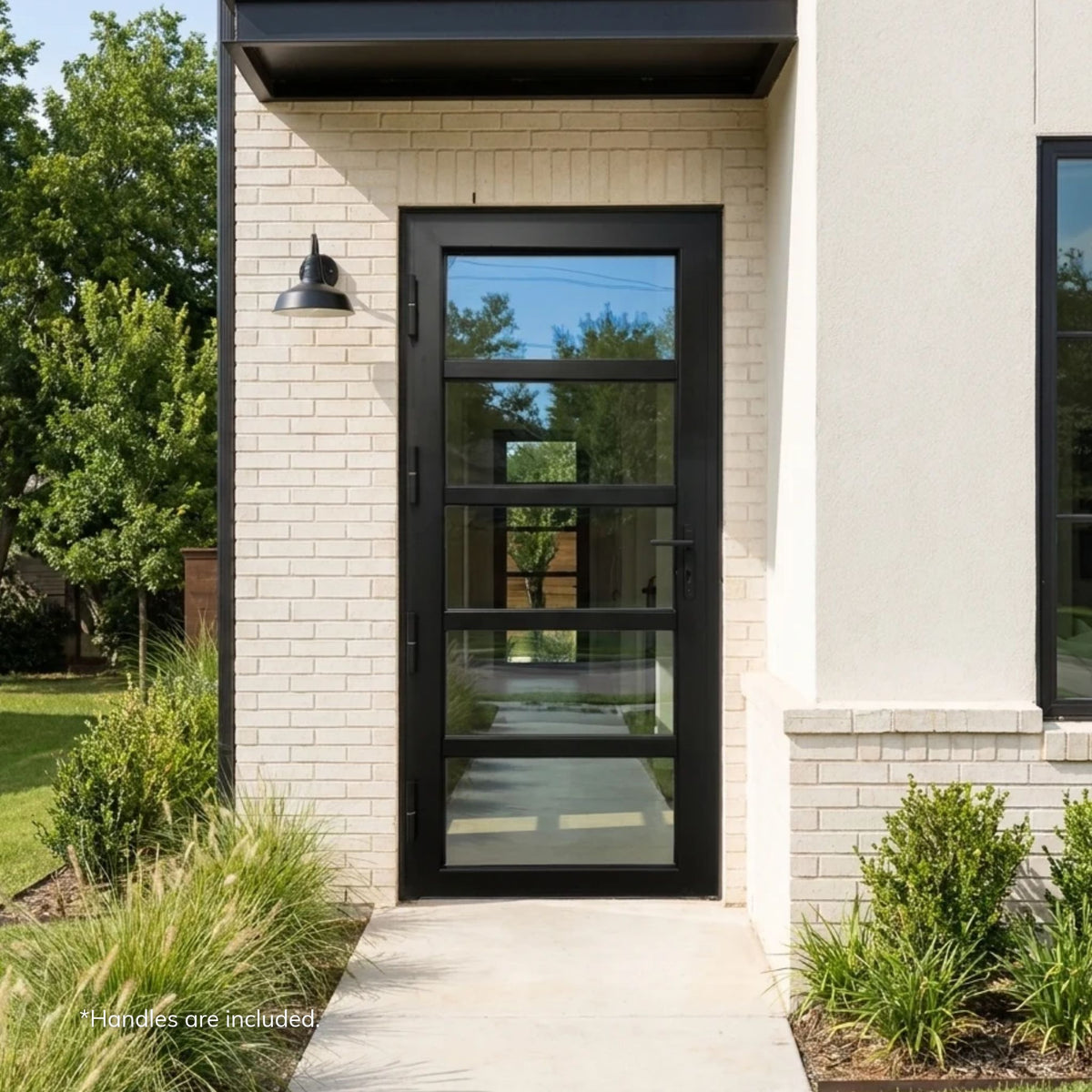 Alexues black aluminum 5-lite single entry door with clear horizontal glass lites, installed on a modern home with cream brick and white stucco under a flat metal canopy