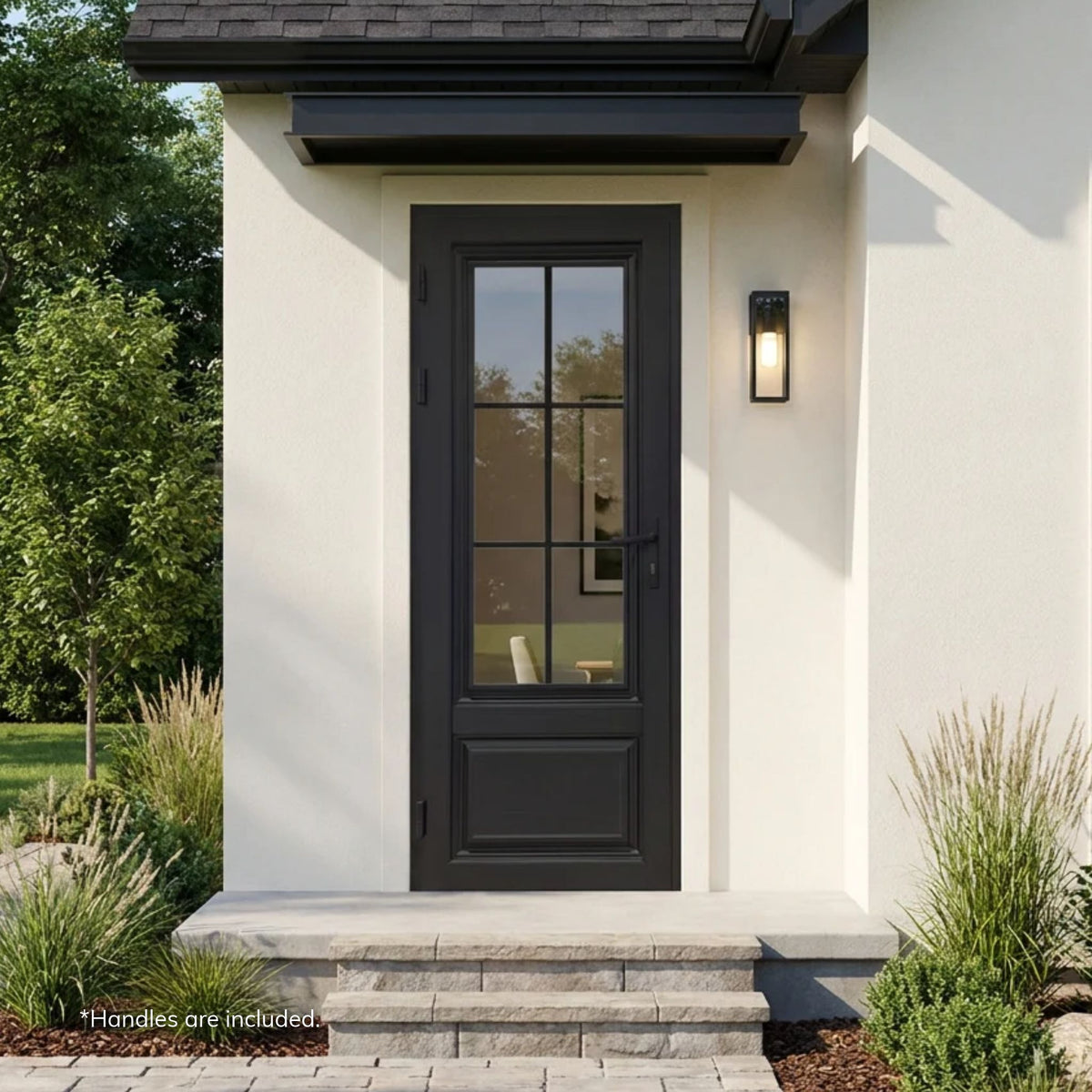 Alexues black aluminum 6-lite single entry thermal break door with clear glass grids over a raised bottom panel, on a white stucco modern farmhouse-style home with a black metal canopy