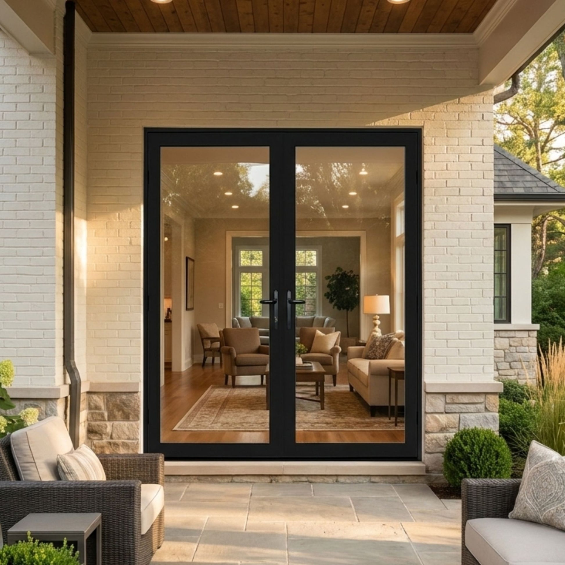 Alexus aluminum full-view double door with clear glass, black finish, installed on a white brick home exterior connecting a covered patio to an interior living room