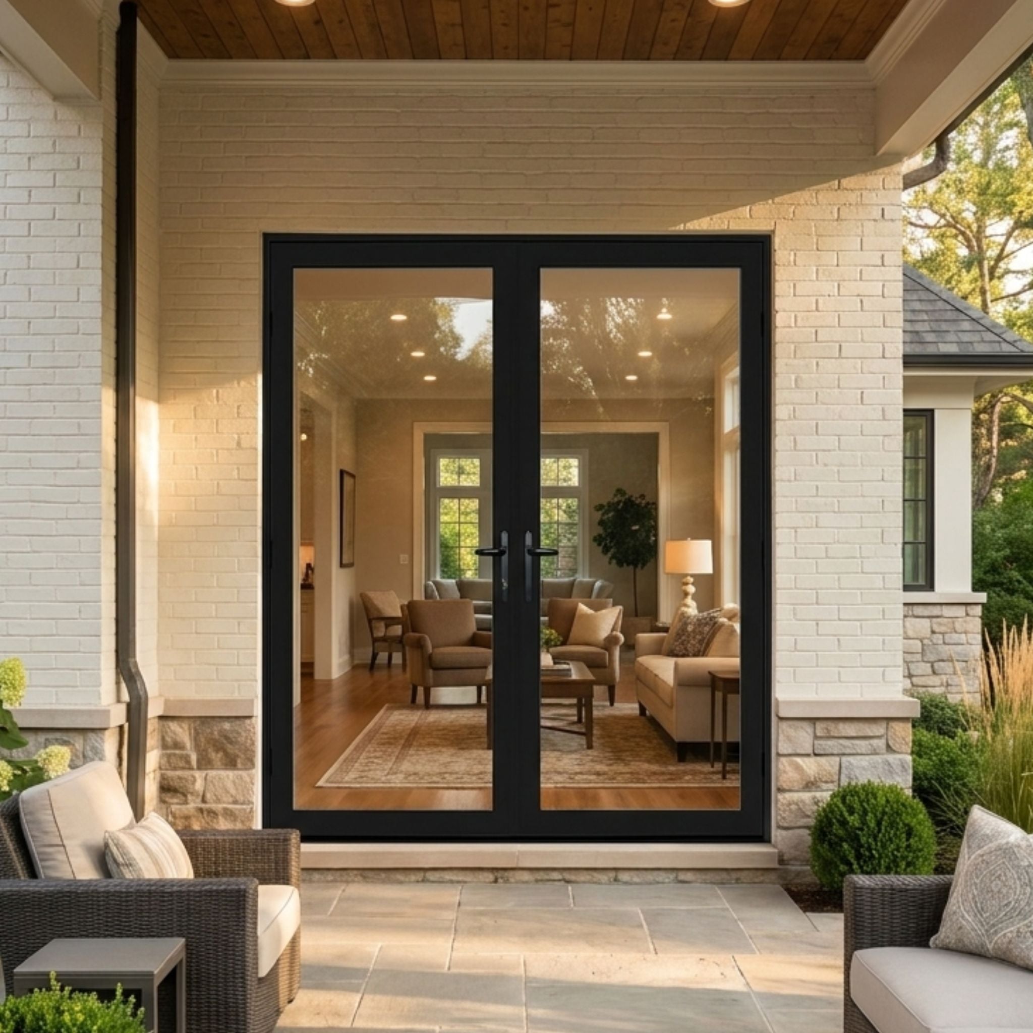 Alexus aluminum full-view double door with clear glass, black finish, installed on a white brick home exterior connecting a covered patio to an interior living room