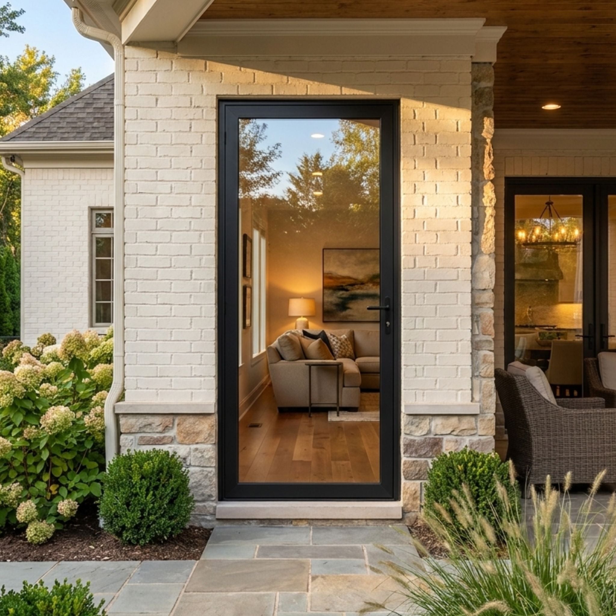 Alexus aluminum full-view single inswing door with clear glass, black finish, installed on a brick and stone home exterior opening onto a covered patio