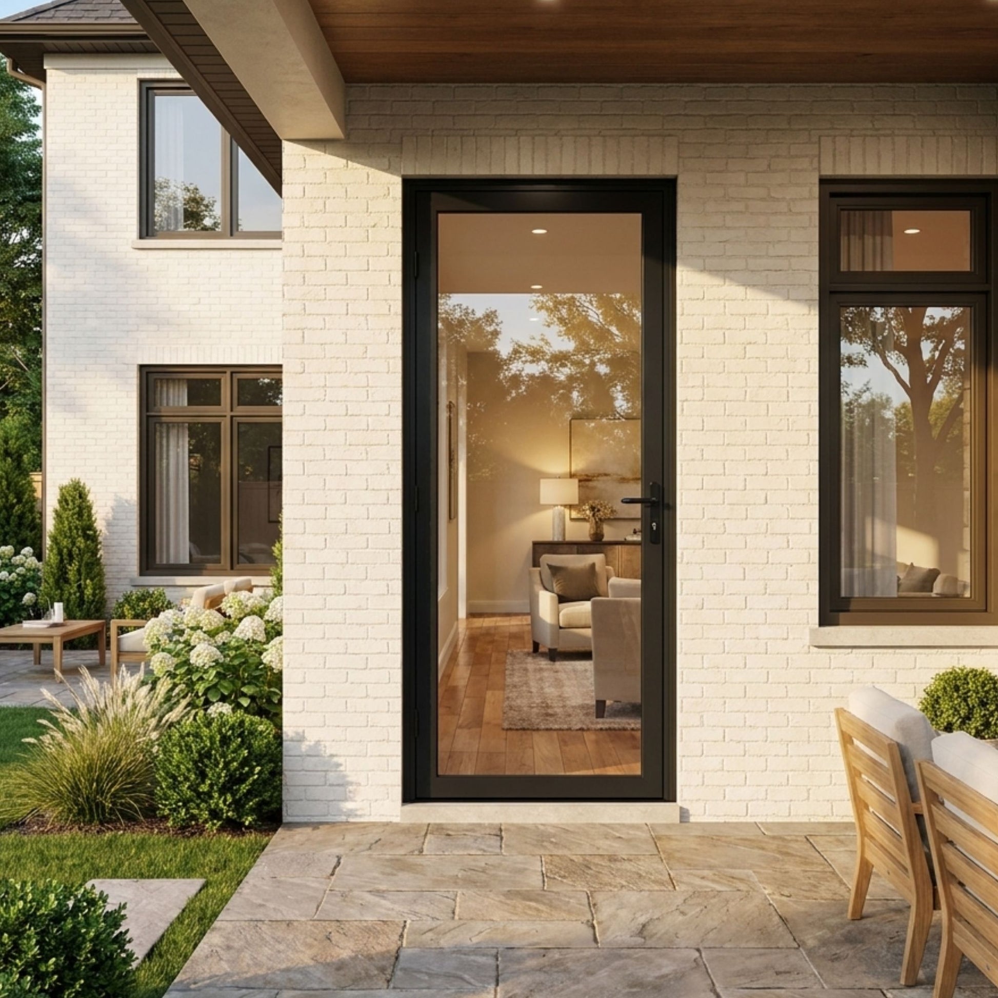Alexus aluminum full-view single outswing door with clear glass, black finish, installed on a white brick home exterior opening onto a covered patio
