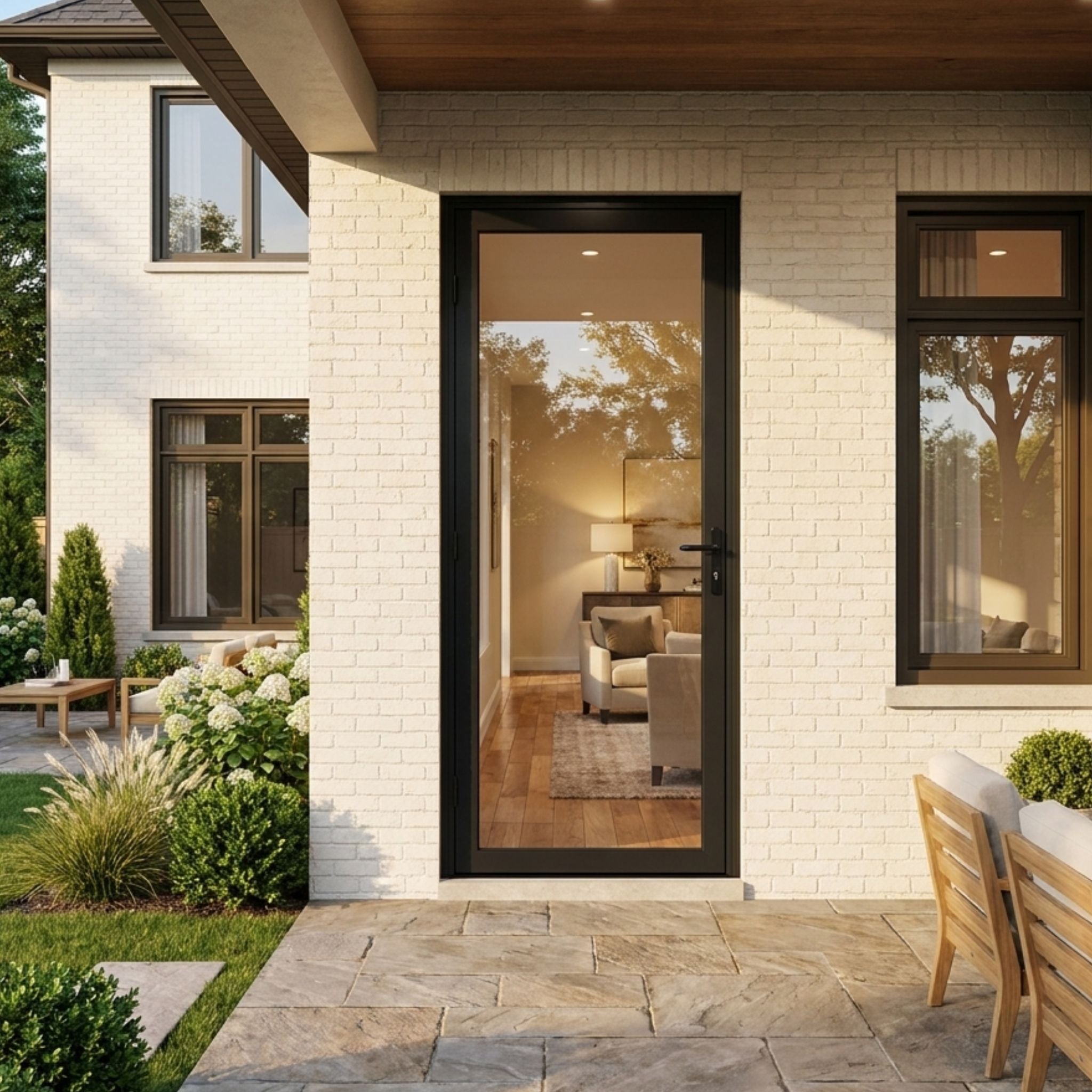 Alexus aluminum full-view single outswing door with clear glass, black finish, installed on a white brick home exterior opening onto a covered patio