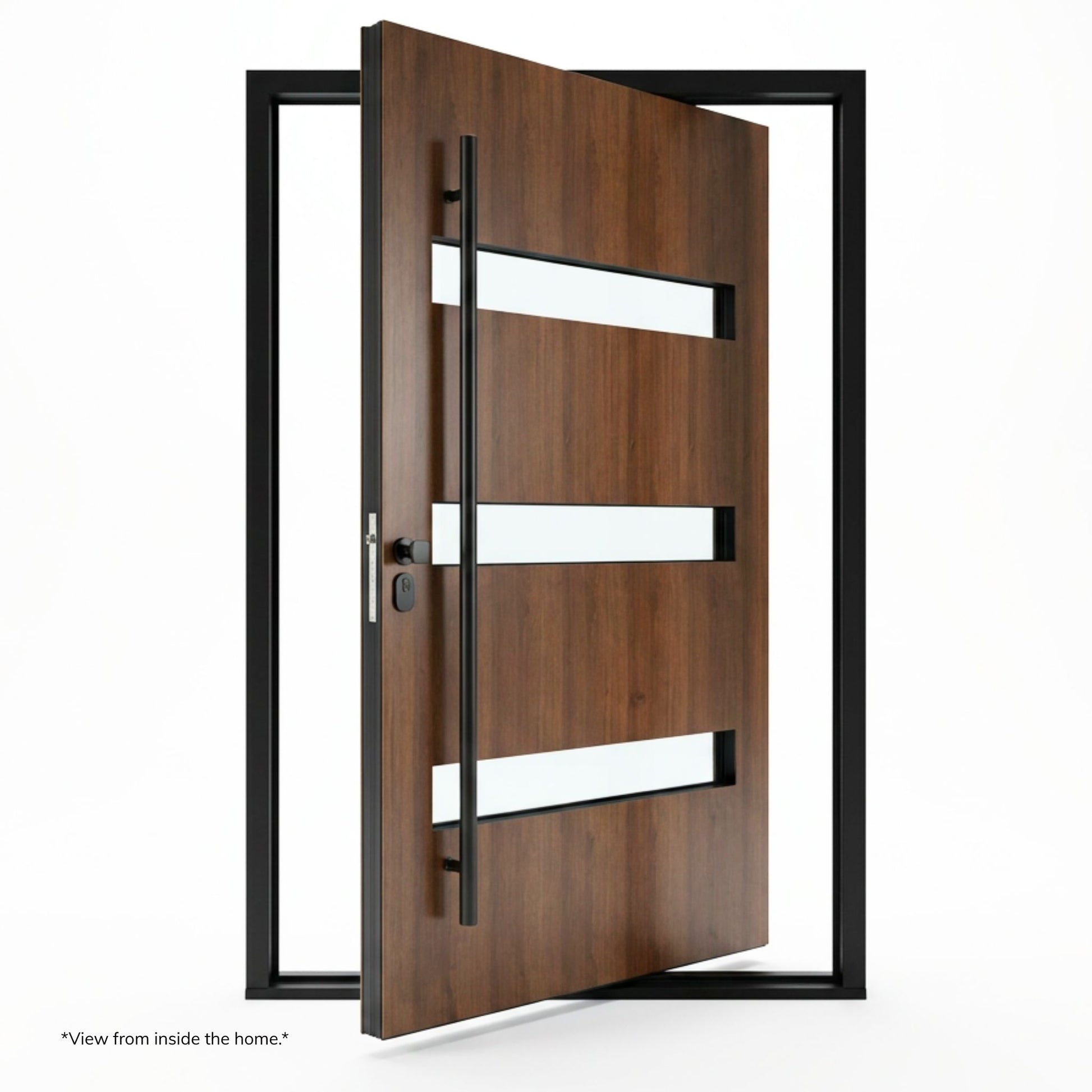 Alexus aluminum pivot entry door, wood grain panel finish with clear glass horizontal lites, black hardware, left-hand inswing, shown open from inside the home