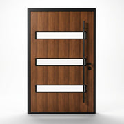 Alexus aluminum pivot entry door, wood grain panel finish with clear glass horizontal lites, black hardware and pull bar, left-hand inswing configuration