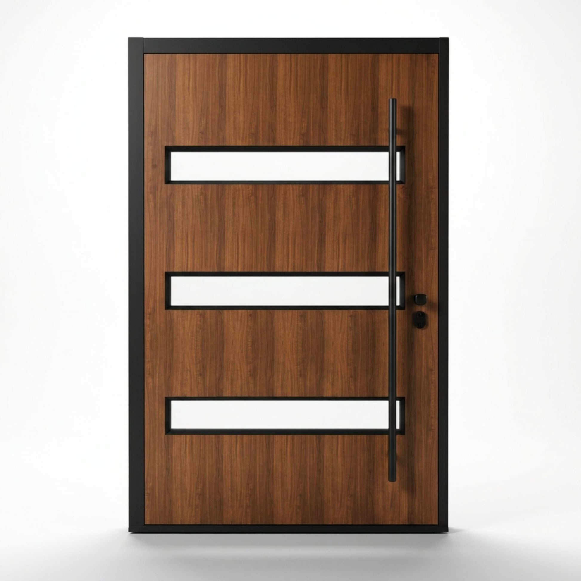 Alexus aluminum pivot entry door, wood grain panel finish with clear glass horizontal lites, black hardware and pull bar, left-hand inswing configuration