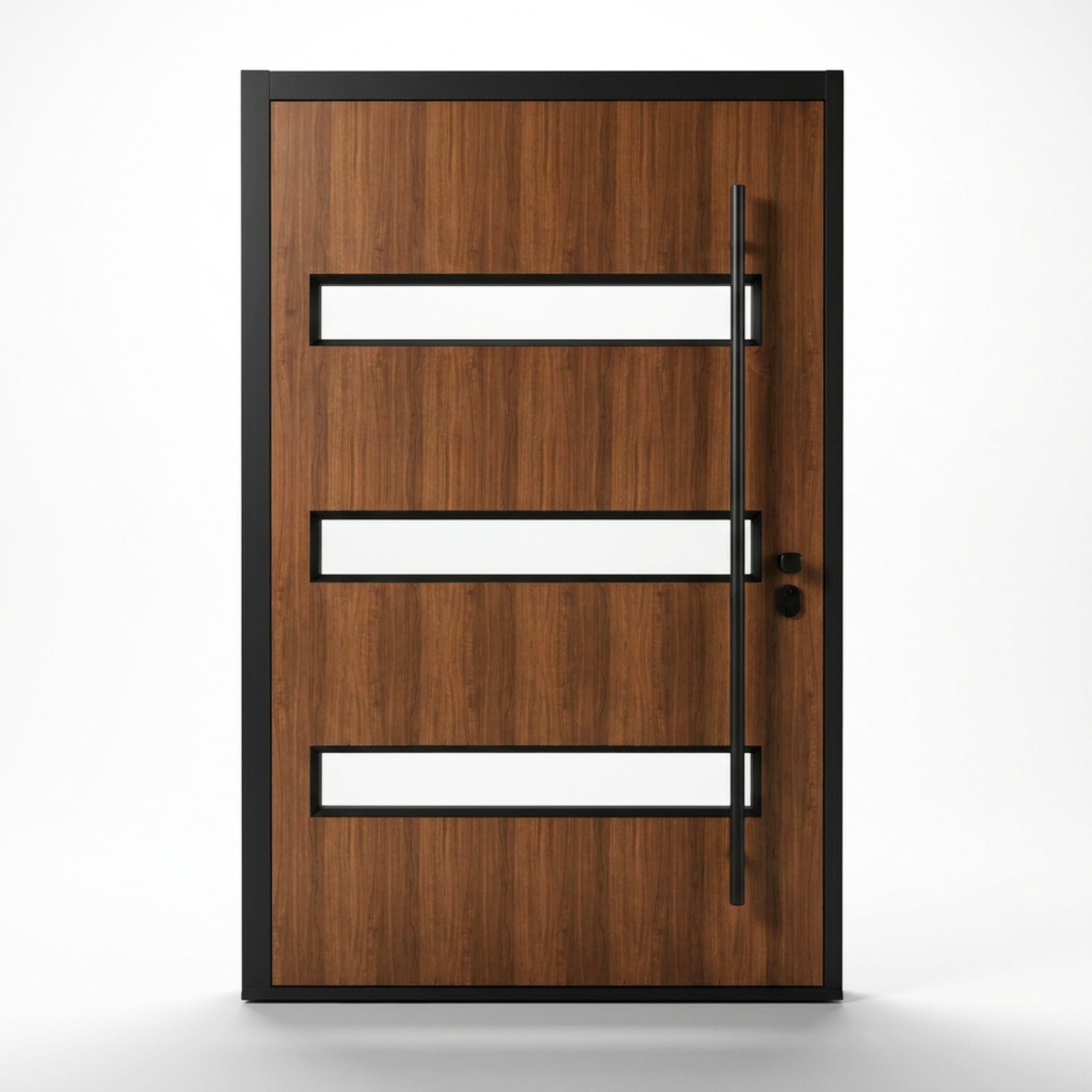 Alexus aluminum pivot entry door, wood grain panel finish with clear glass horizontal lites, black hardware and pull bar, left-hand inswing configuration