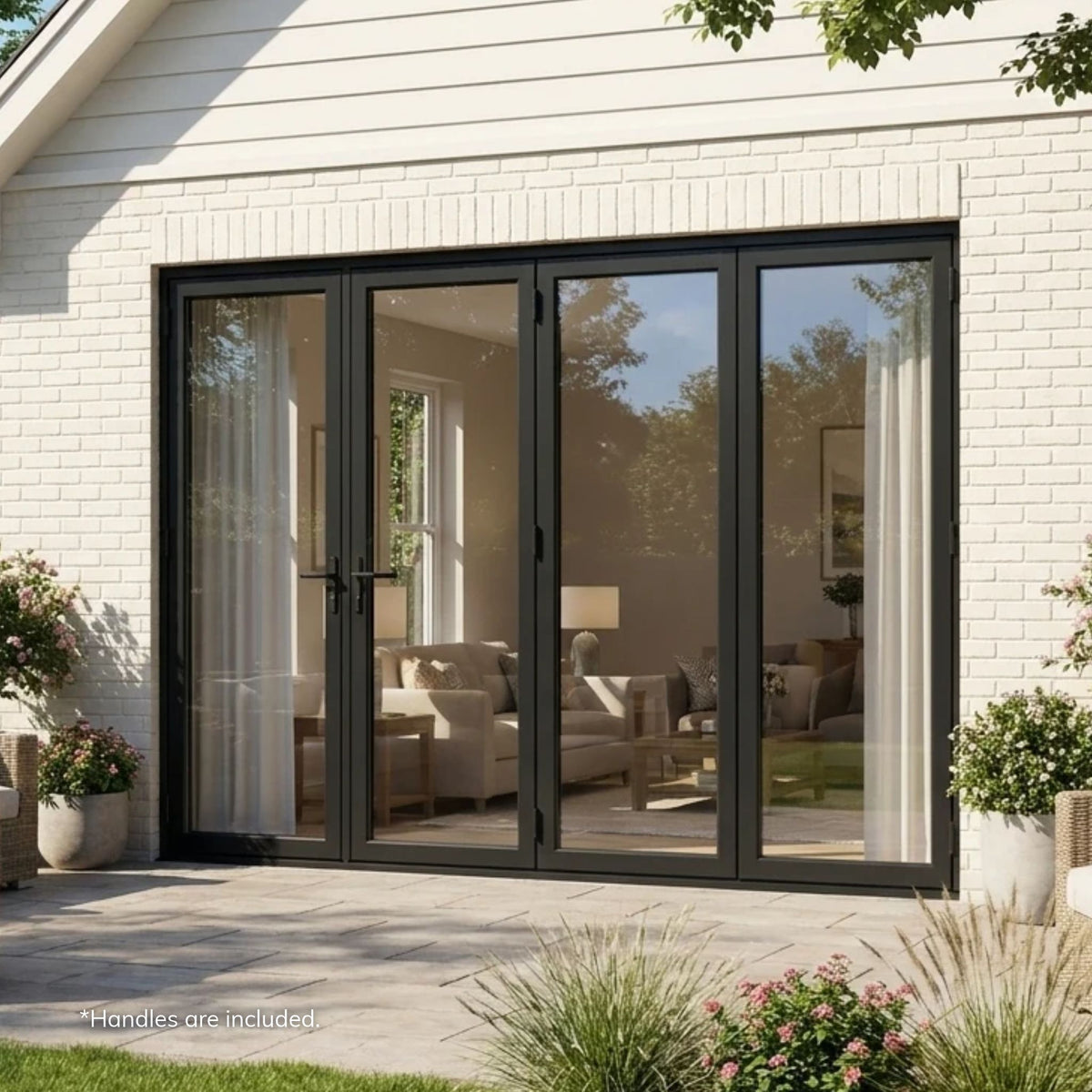 Alexues Classic black thermal break aluminum four-panel folding door with clear glass, installed across the rear wall of a white brick home with lap siding in the gable