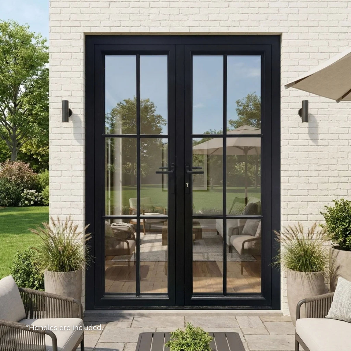 Alexues Elite black aluminum French double door with 6-lite simulated divided lite clear glass, opening to a back patio on a painted white brick home