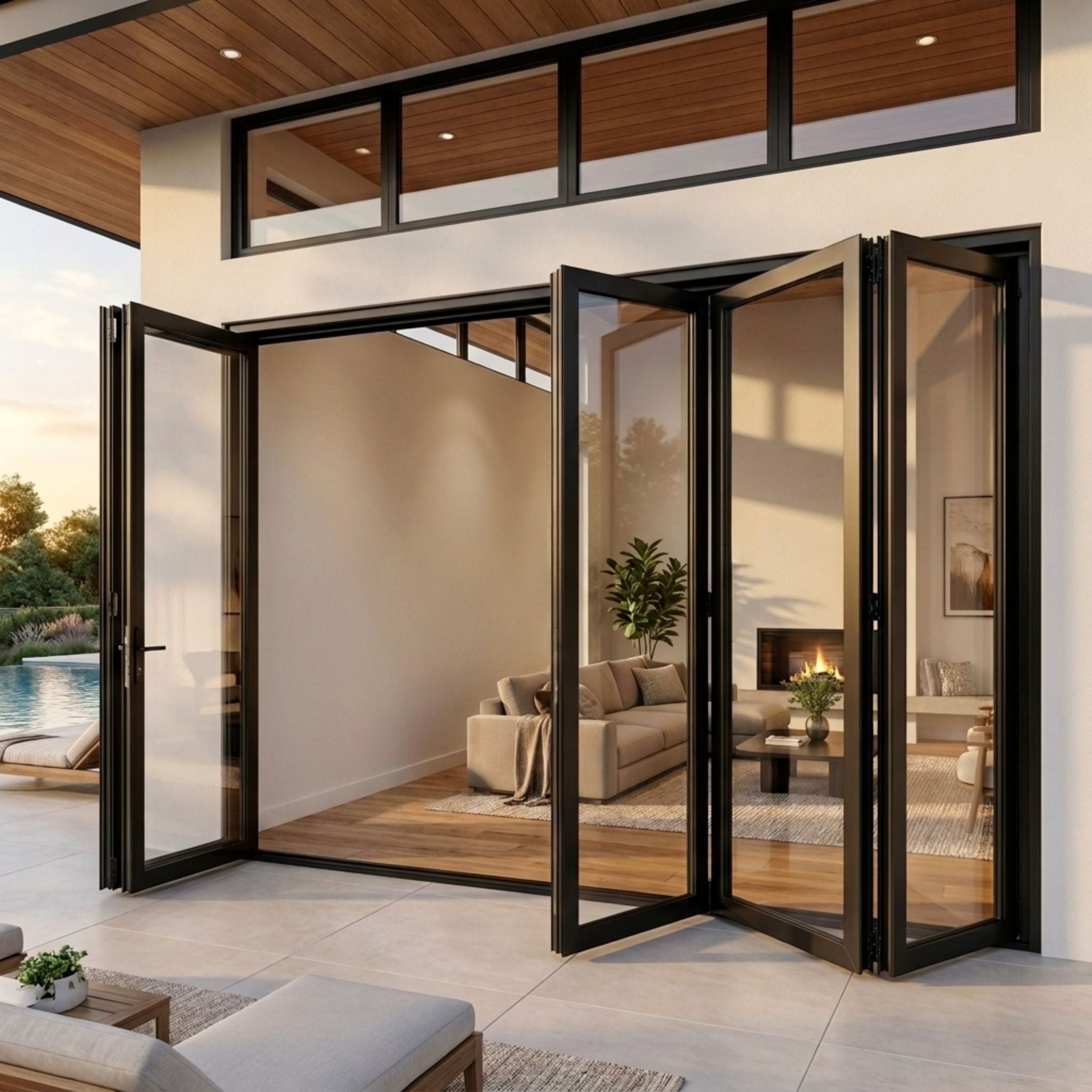 Alexus Elite aluminum folding door, black finish, 4-panel bi-fold configuration shown open, connecting an outdoor patio to a modern living room with wood flooring and fireplace