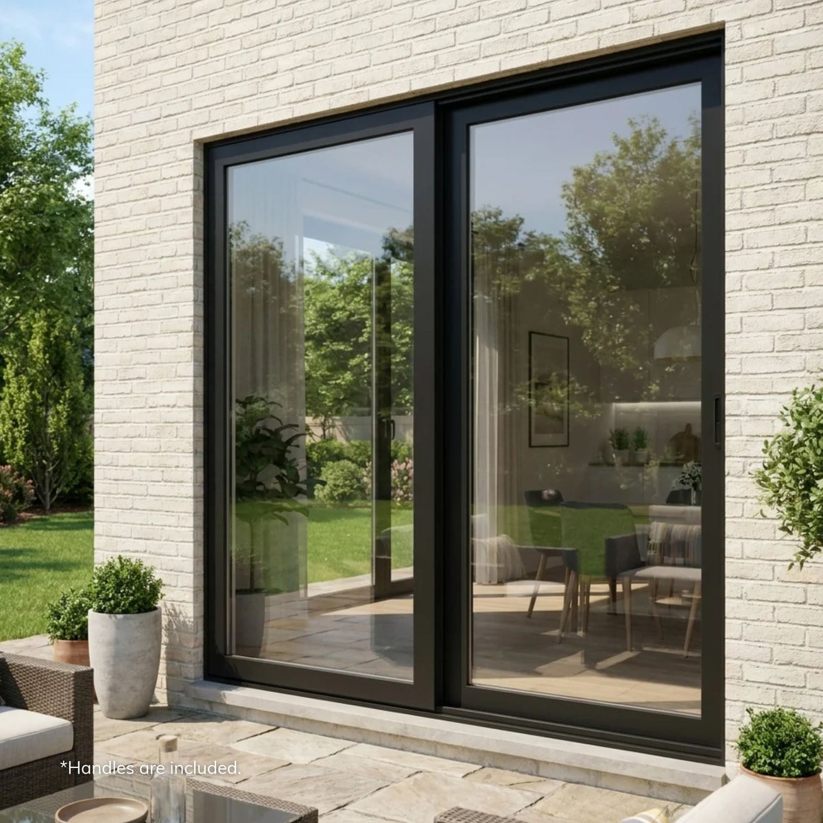 Alexues black aluminum two-panel sliding patio door with full-view clear glass, installed in a light brick exterior wall facing a backyard patio