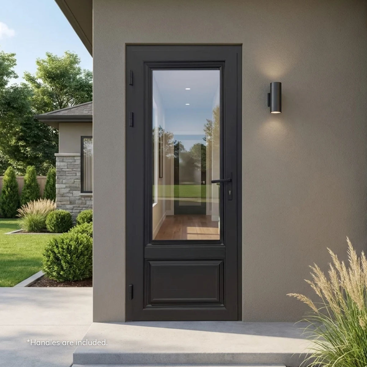 Alexues black aluminum thermal break single door with full view clear glass and a raised bottom panel, installed on a modern taupe stucco home