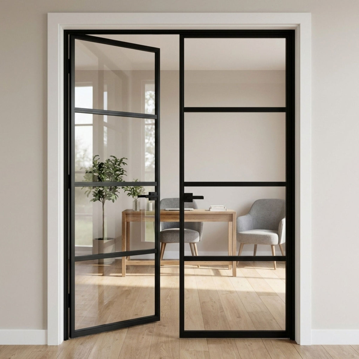 Alexues black aluminum 4-lite interior double door with clear glass and slim frame, opening into a bright home office in a modern home with light oak floors