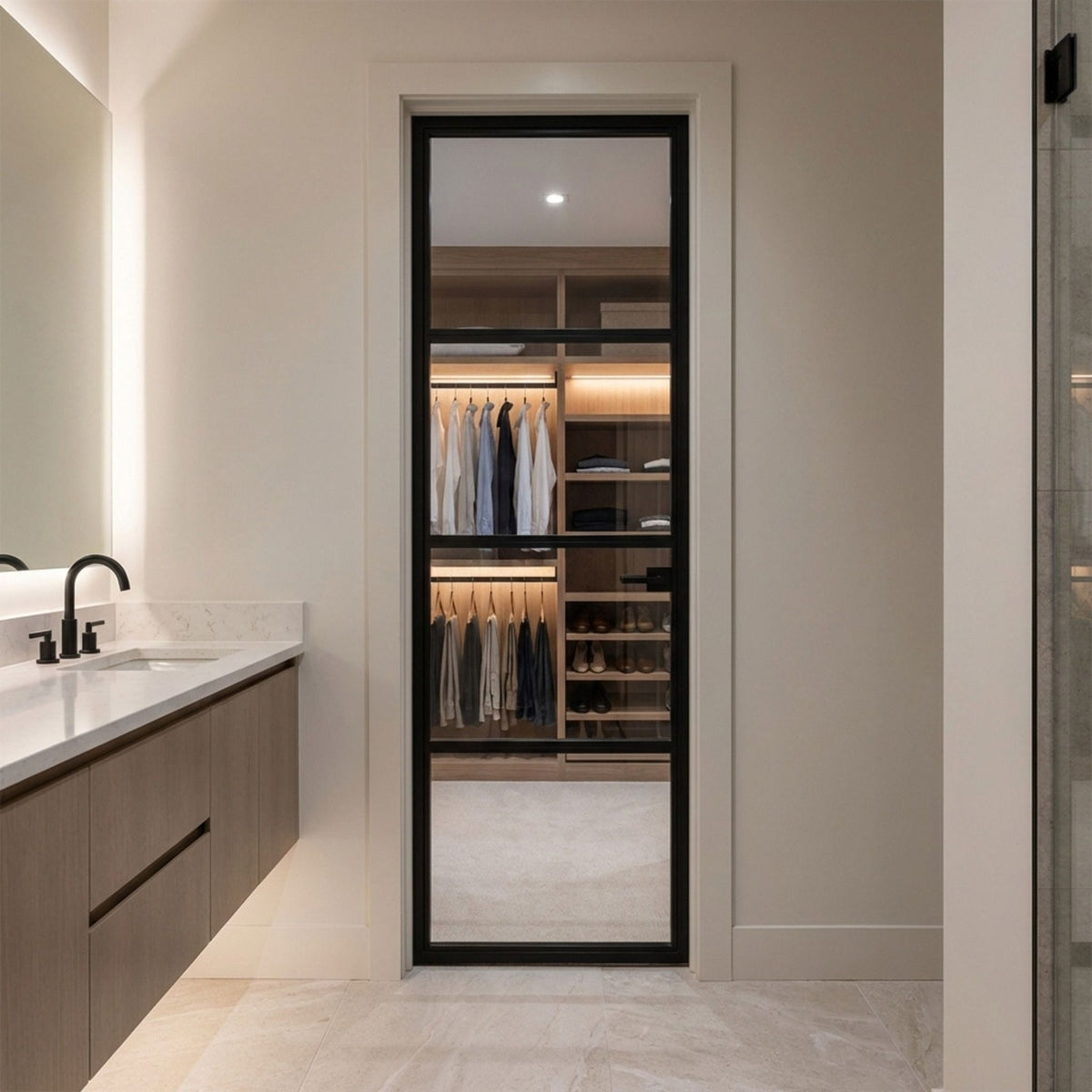Alexues black aluminum 4-lite interior single door with clear glass, installed between a primary bathroom and a walk-in closet in a modern luxury home