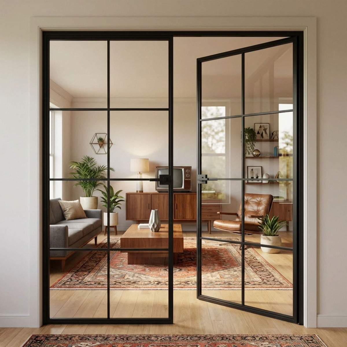 Alexues black aluminum 8-lite interior double door with clear glass and slim frame, opening into a mid-century modern living room with hardwood floors