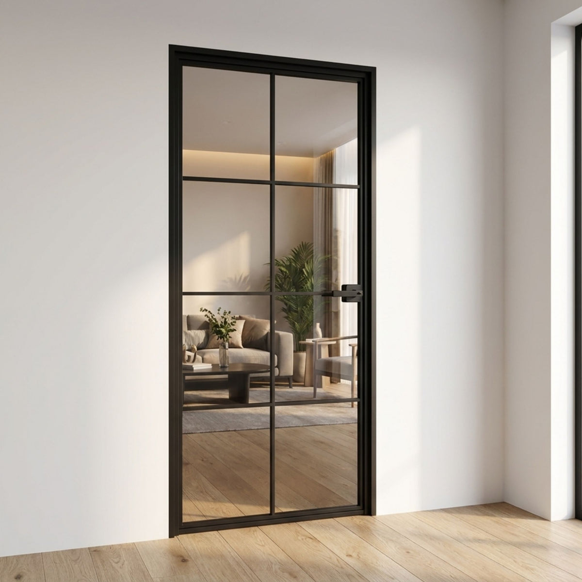 Alexues black aluminum 8-lite interior single door with clear glass and a slim profile frame, opening into a contemporary living room with light wood floors