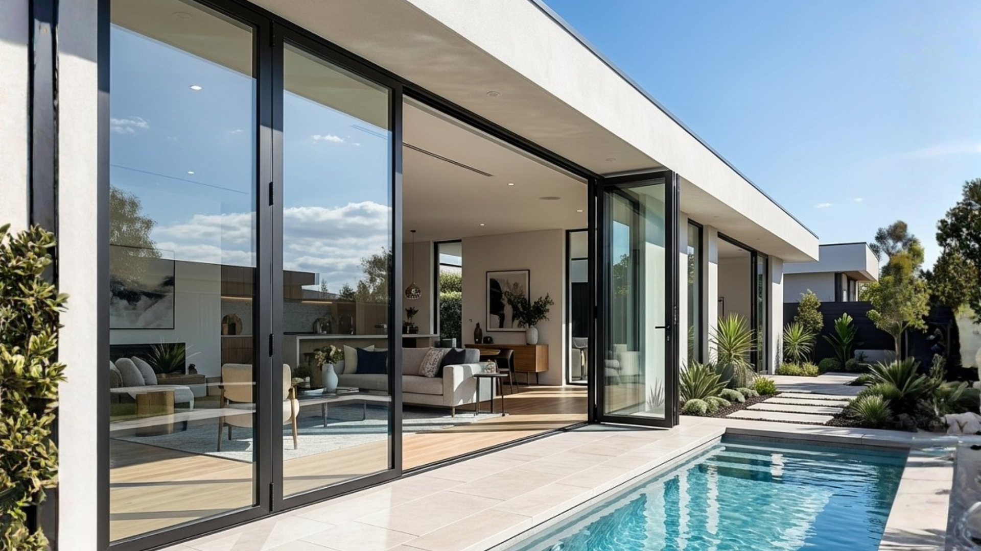 Modern home exterior with iron and glass entry doors, poolhouse view
