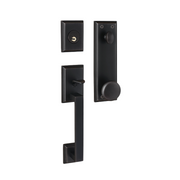 matte black exterior door handleset with straight pull bar, squared beveled rosettes, separate keyed deadbolt plate, and round interior knob