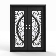 Arthur double iron entry door, 60x80 inches, matte black finish with scrollwork glass grid panels and Flemish textured glass, left-hand inswing double door configuration