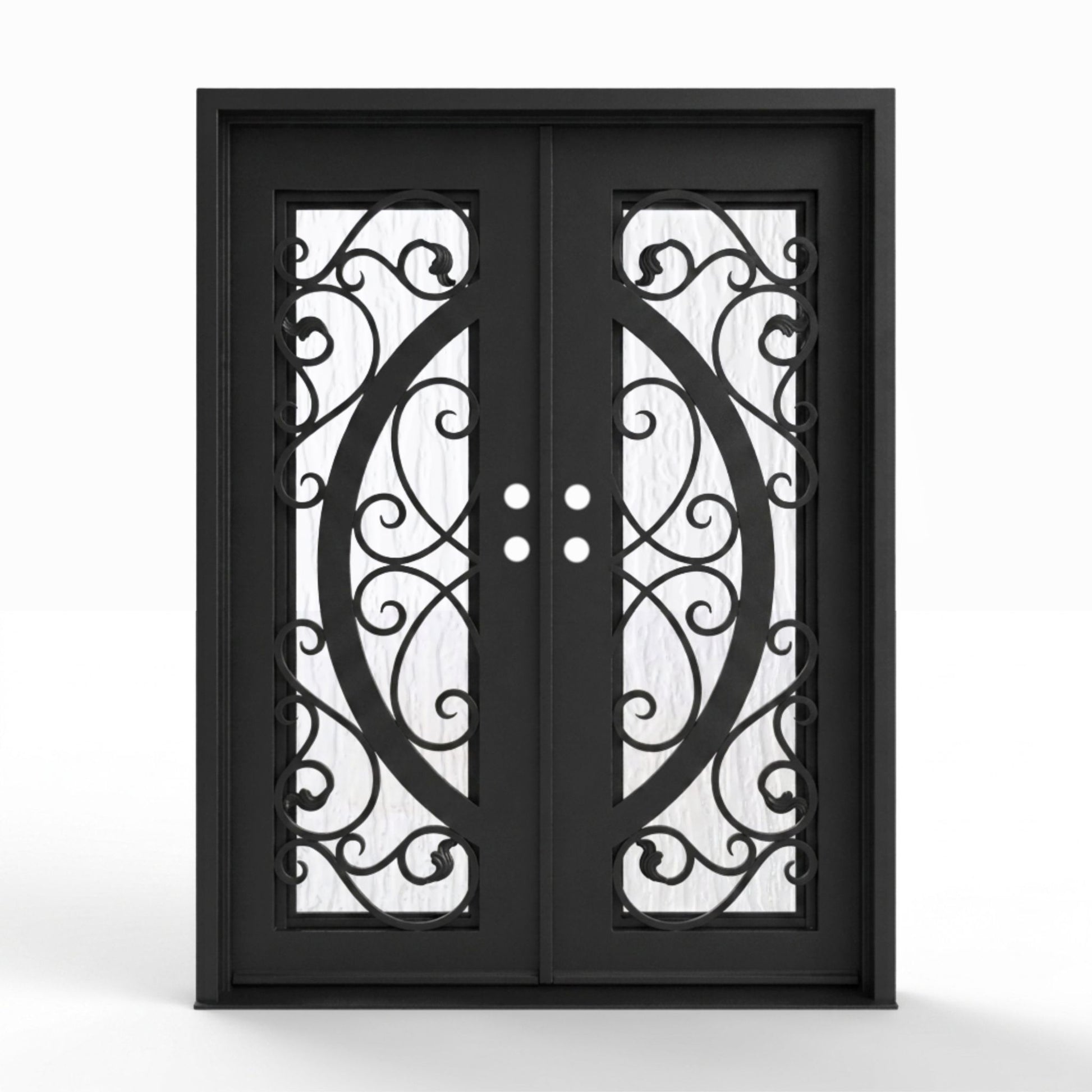 Arthur double iron entry door, 60x80 inches, matte black finish with scrollwork glass grid panels and Flemish textured glass, left-hand inswing double door configuration