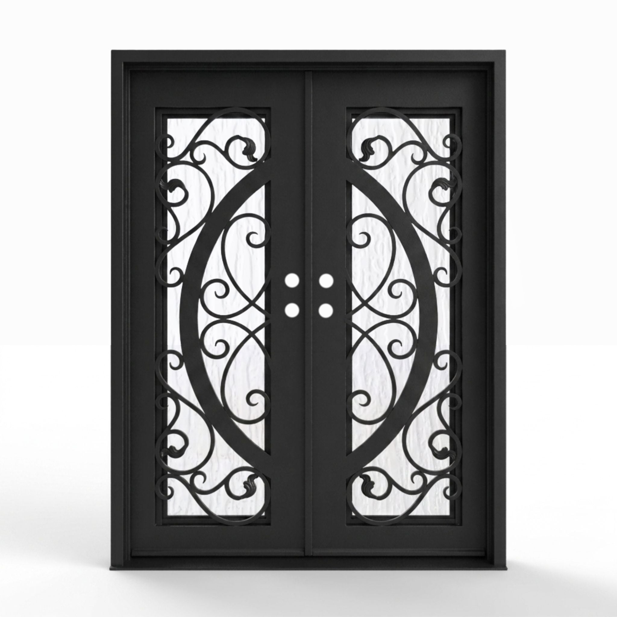 Arthur double iron entry door, 60x80 inches, matte black finish with scrollwork glass grid panels and Flemish textured glass, left-hand inswing double door configuration