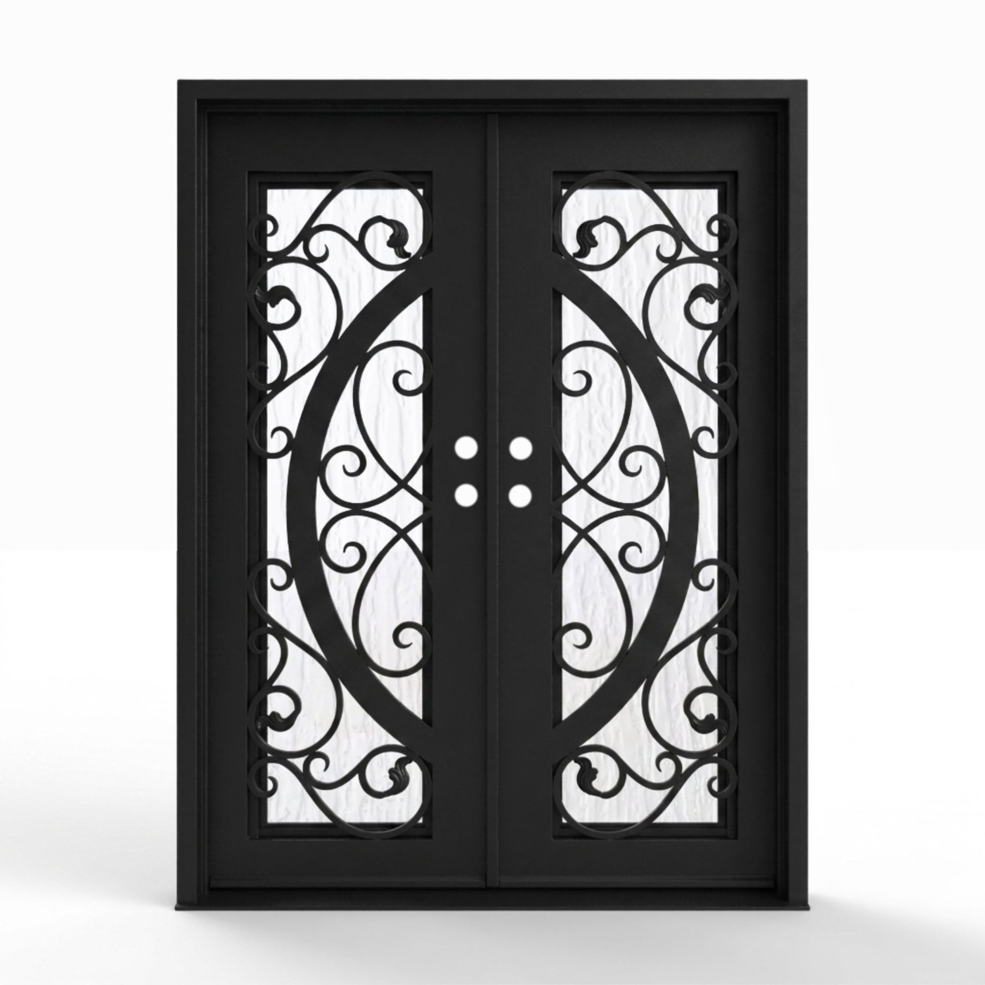 Arthur double iron entry door, 60x80 inches, matte black finish with scrollwork glass grid panels and Flemish textured glass, right-hand inswing double door configuration