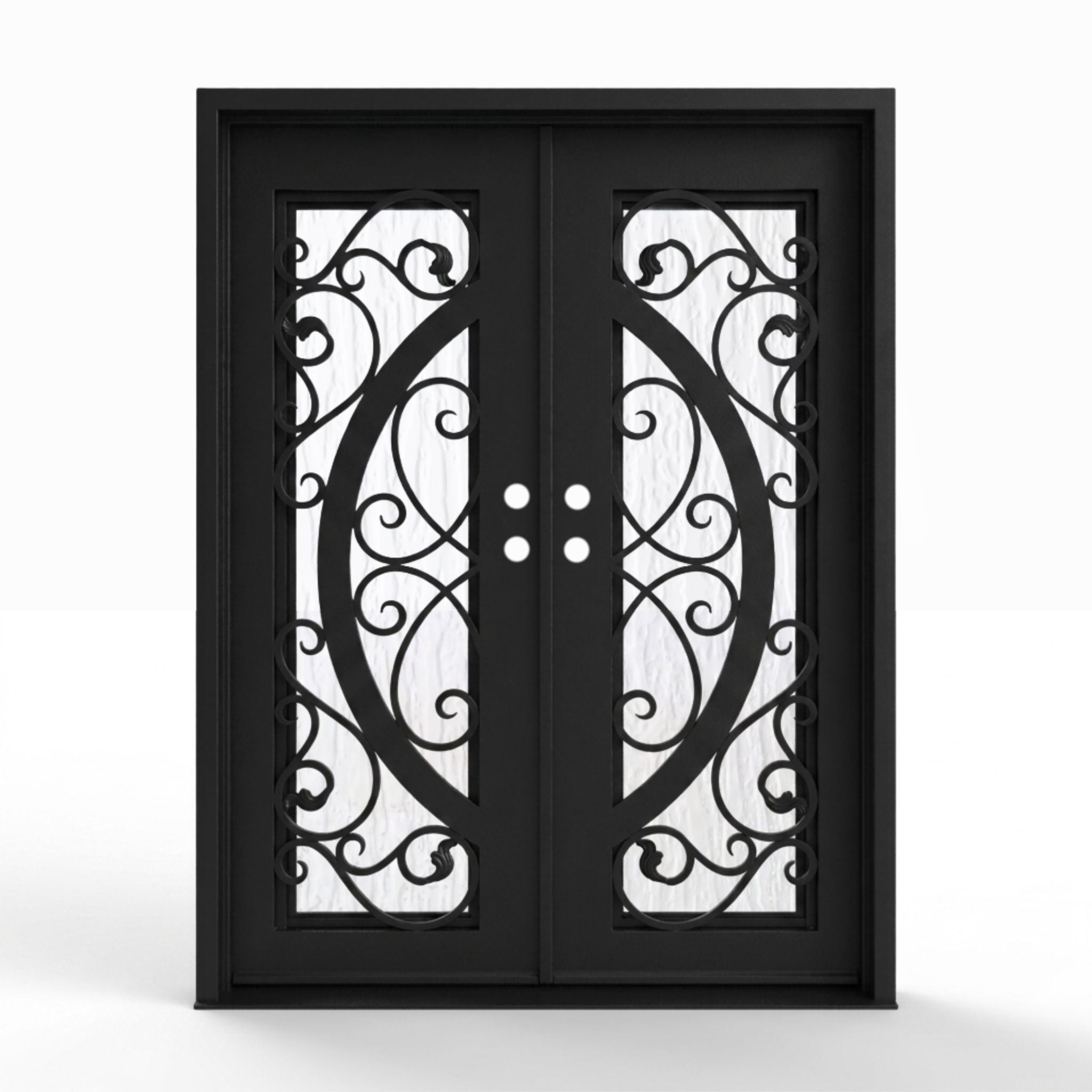 Arthur double iron entry door, 60x80 inches, matte black finish with scrollwork glass grid panels and Flemish textured glass, right-hand inswing double door configuration
