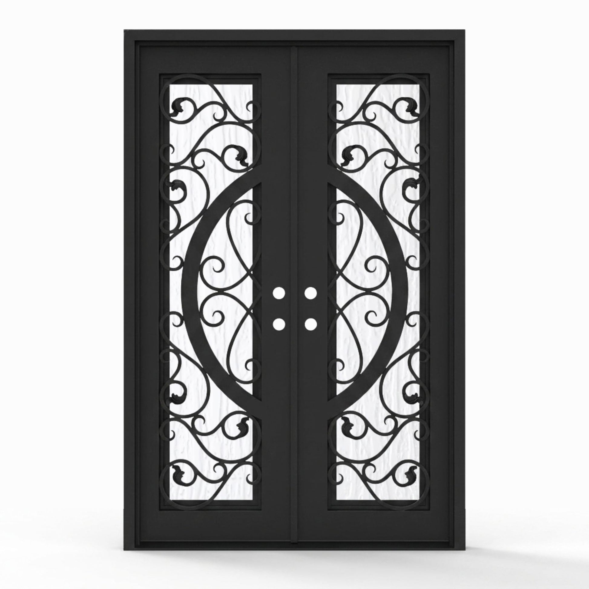 Arthur double iron entry door, 60x92 inches, matte black finish with scrollwork glass grid panels and Flemish textured glass, right-hand inswing double door configuration