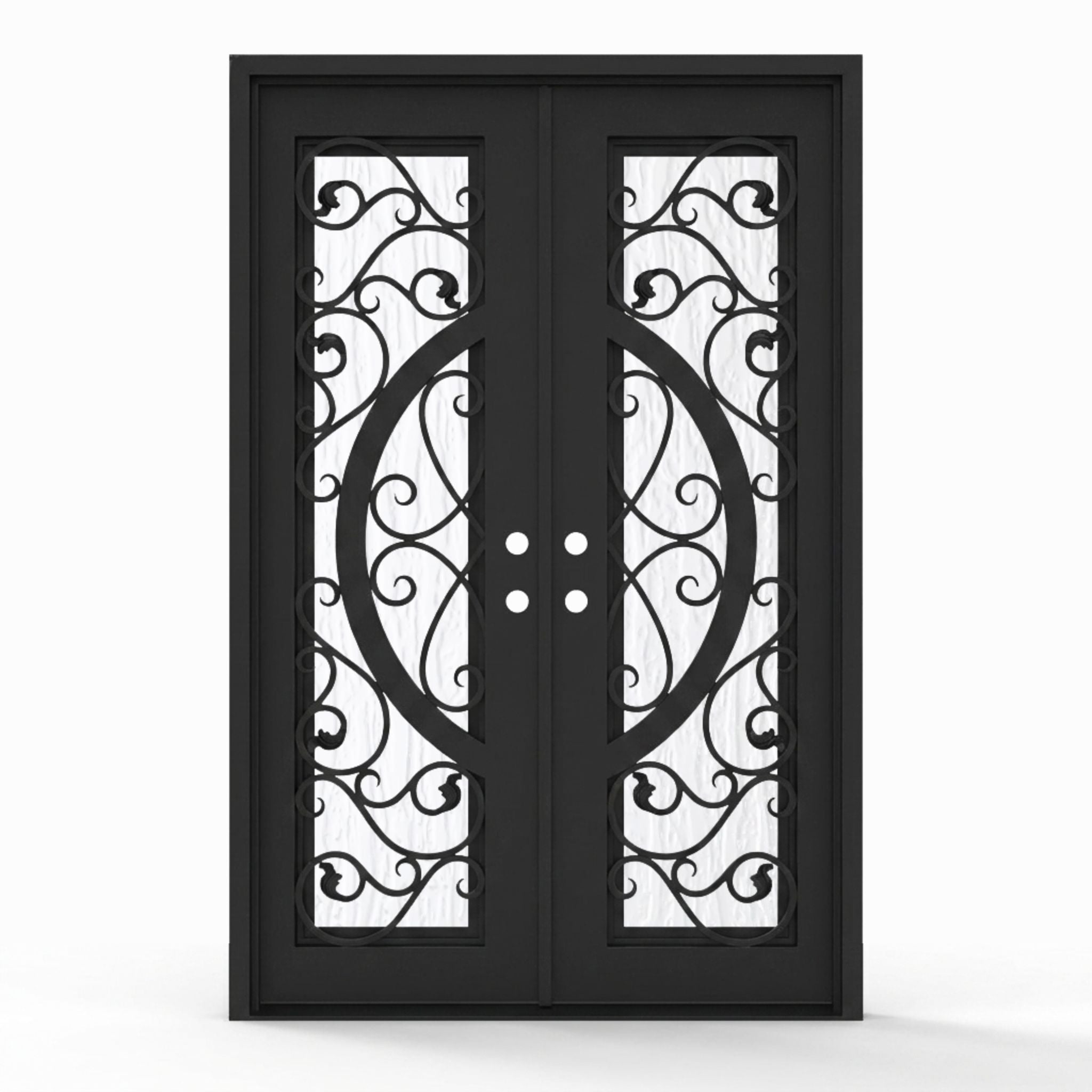 Arthur double iron entry door, 60x92 inches, matte black finish with scrollwork glass grid panels and Flemish textured glass, right-hand inswing double door configuration
