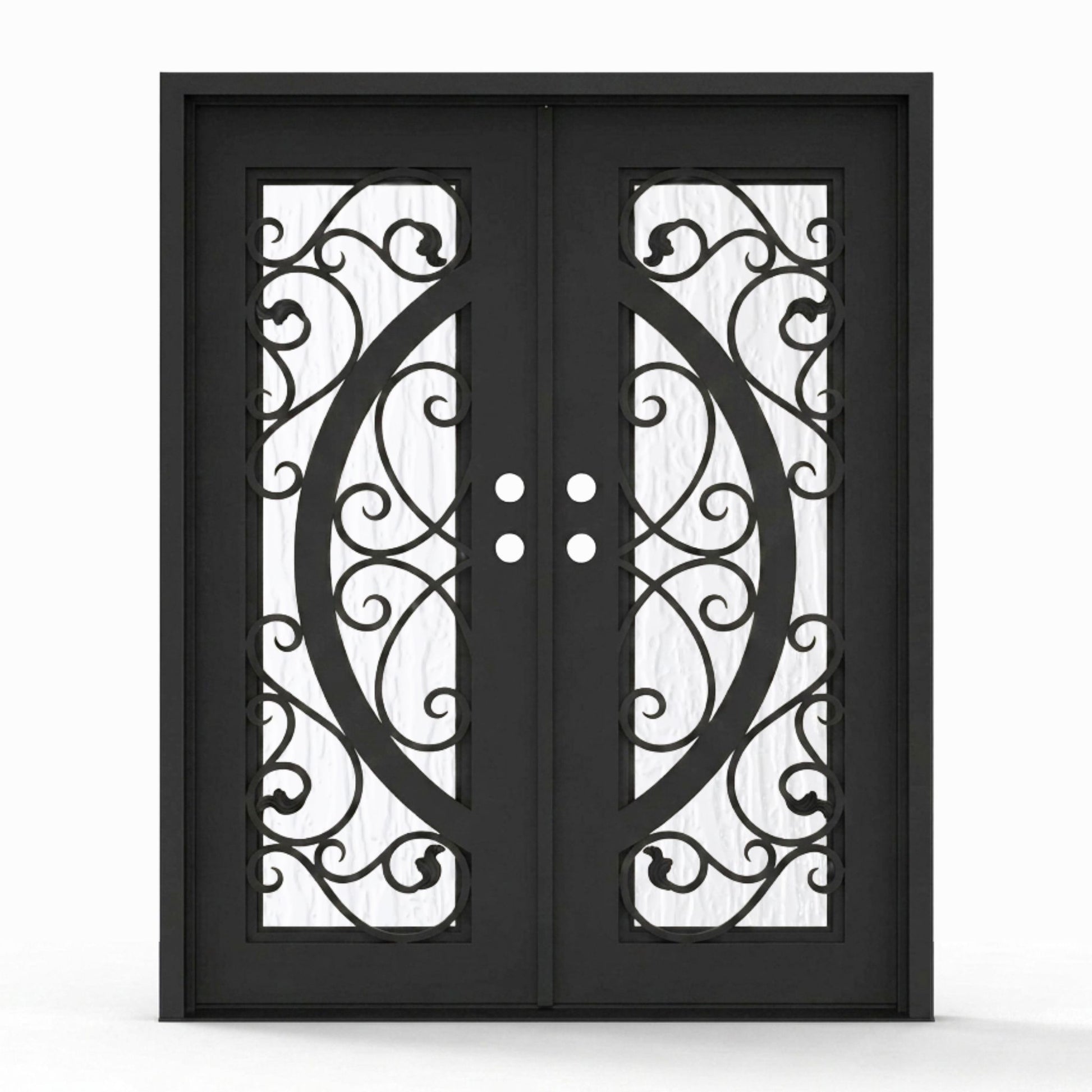 Arthur double iron entry door, 64x80 inches, matte black finish with scrollwork glass grid panels and Flemish textured glass, left-hand inswing double door configuration