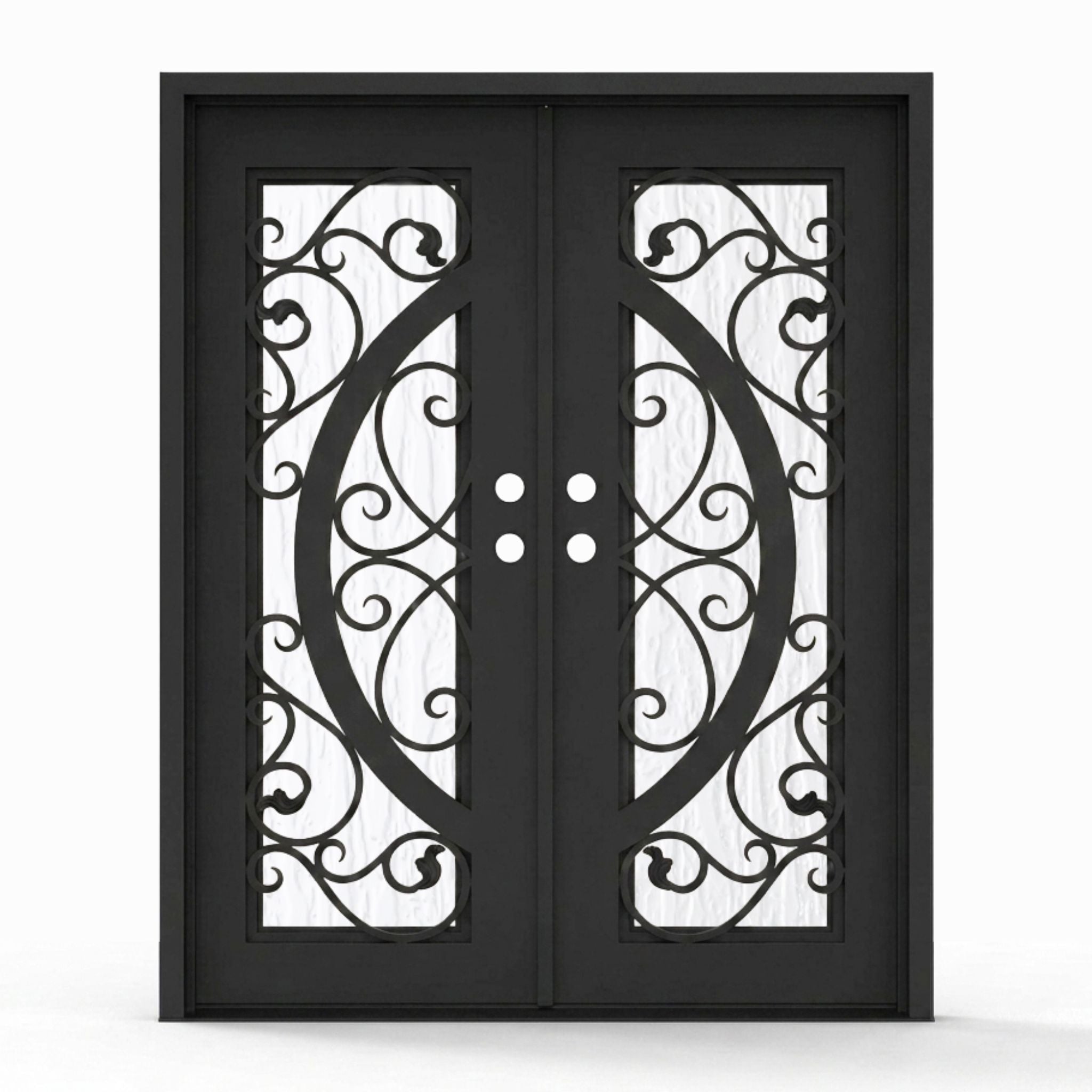 Arthur double iron entry door, 64x80 inches, matte black finish with scrollwork glass grid panels and Flemish textured glass, left-hand inswing double door configuration