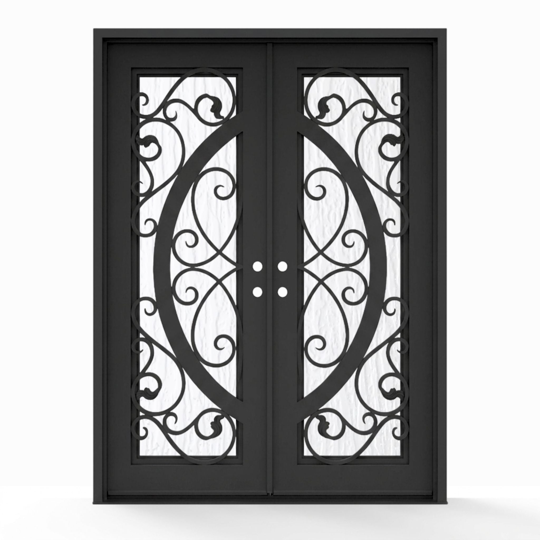 Arthur double iron entry door, 72x96 inches, matte black finish with scrollwork glass grid panels and Flemish textured glass, left-hand inswing double door configuration