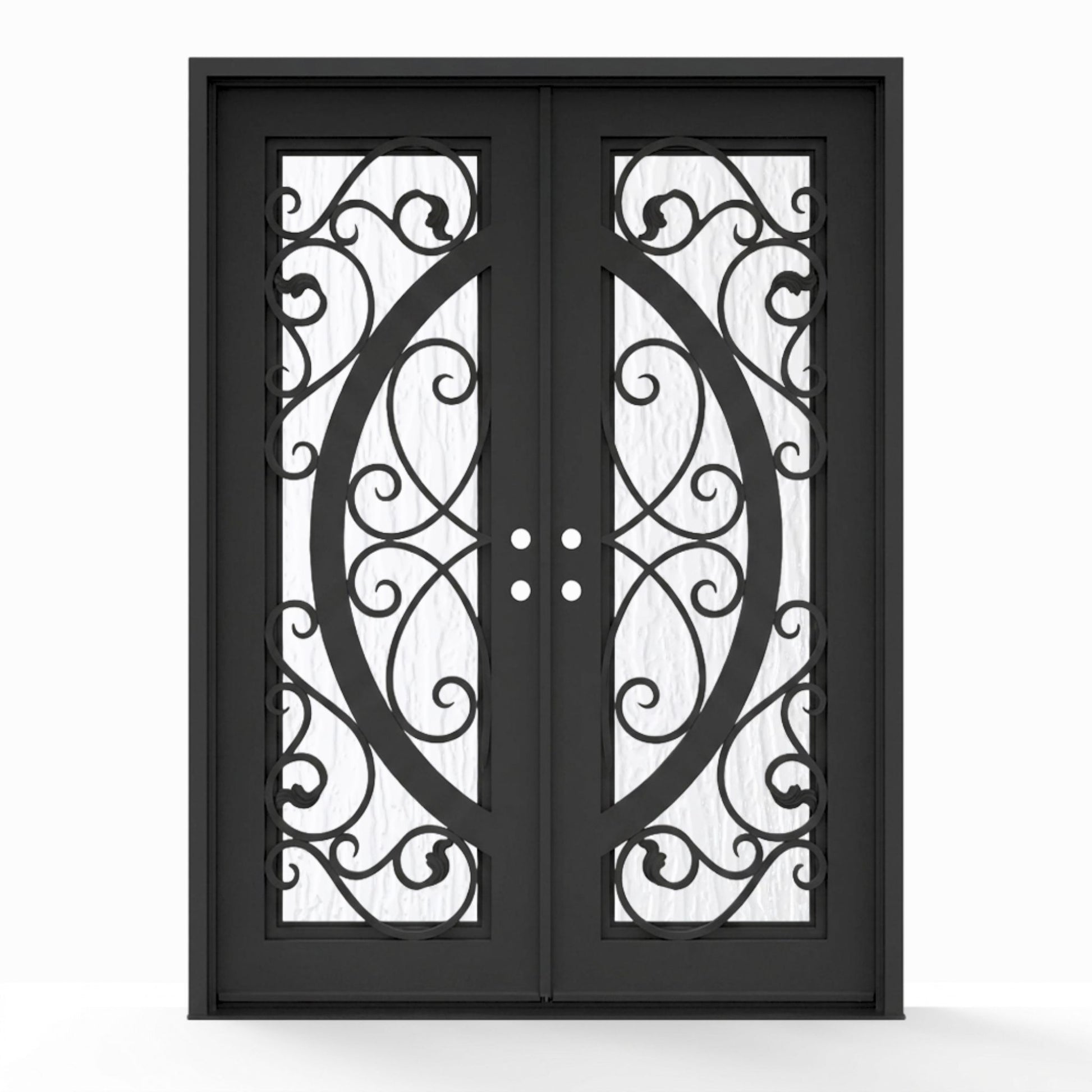 Arthur double iron entry door, 72x96 inches, matte black finish with scrollwork glass grid panels and Flemish textured glass, right-hand inswing double door configuration