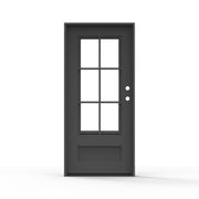 Artigiano single iron entry door 36x80 inches, left-hand inswing, matte black finish with 6-lite clear glass grid panel and raised bottom panel