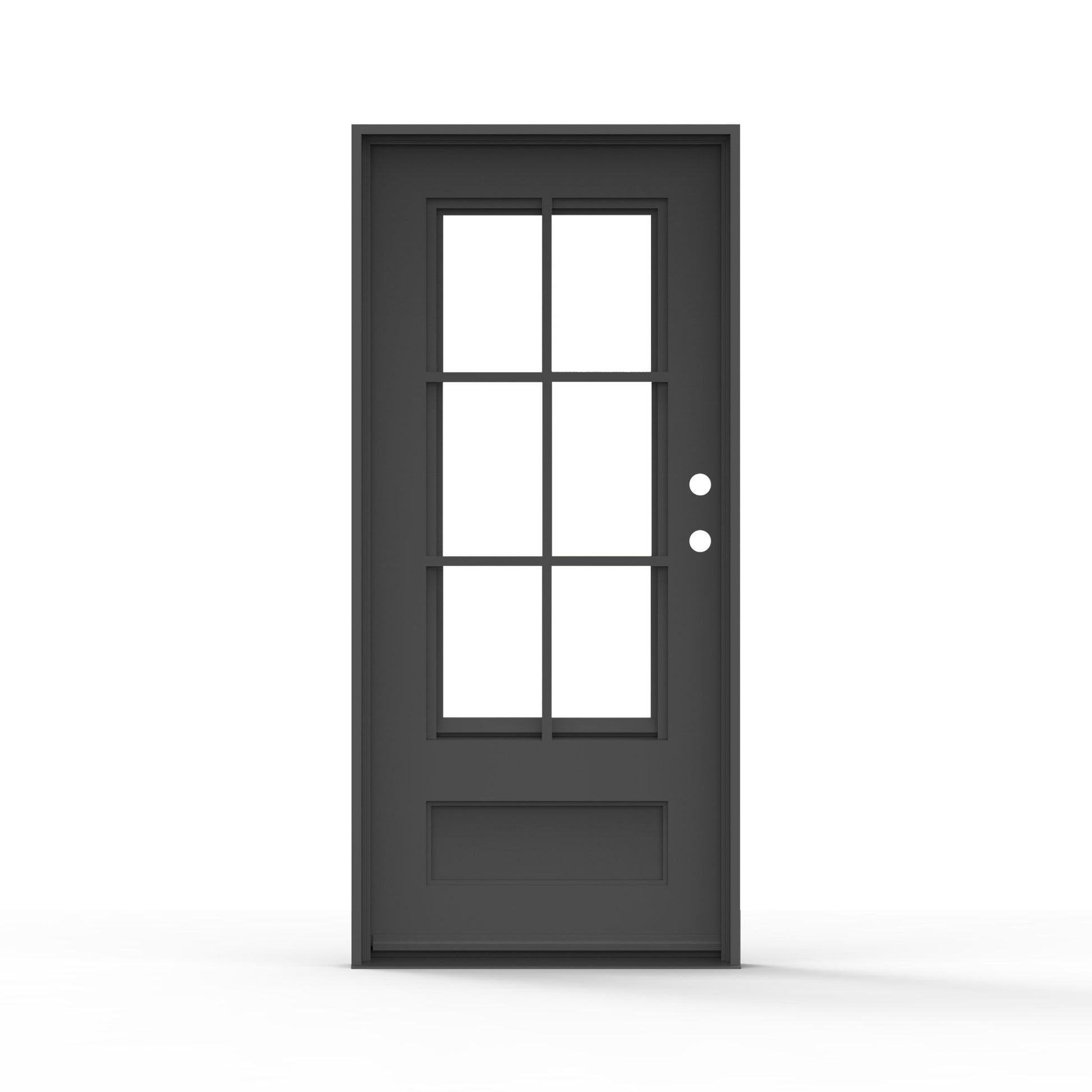 Artigiano single iron entry door 36x80 inches, left-hand inswing, matte black finish with 6-lite clear glass grid panel and raised bottom panel