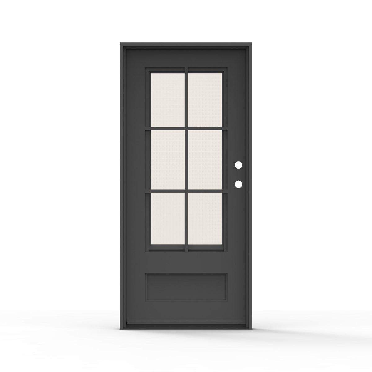 Artigiano single steel entry door 36x80 inches, left-hand inswing, matte black finish with 6-lite clear glass with screen and raised bottom panel