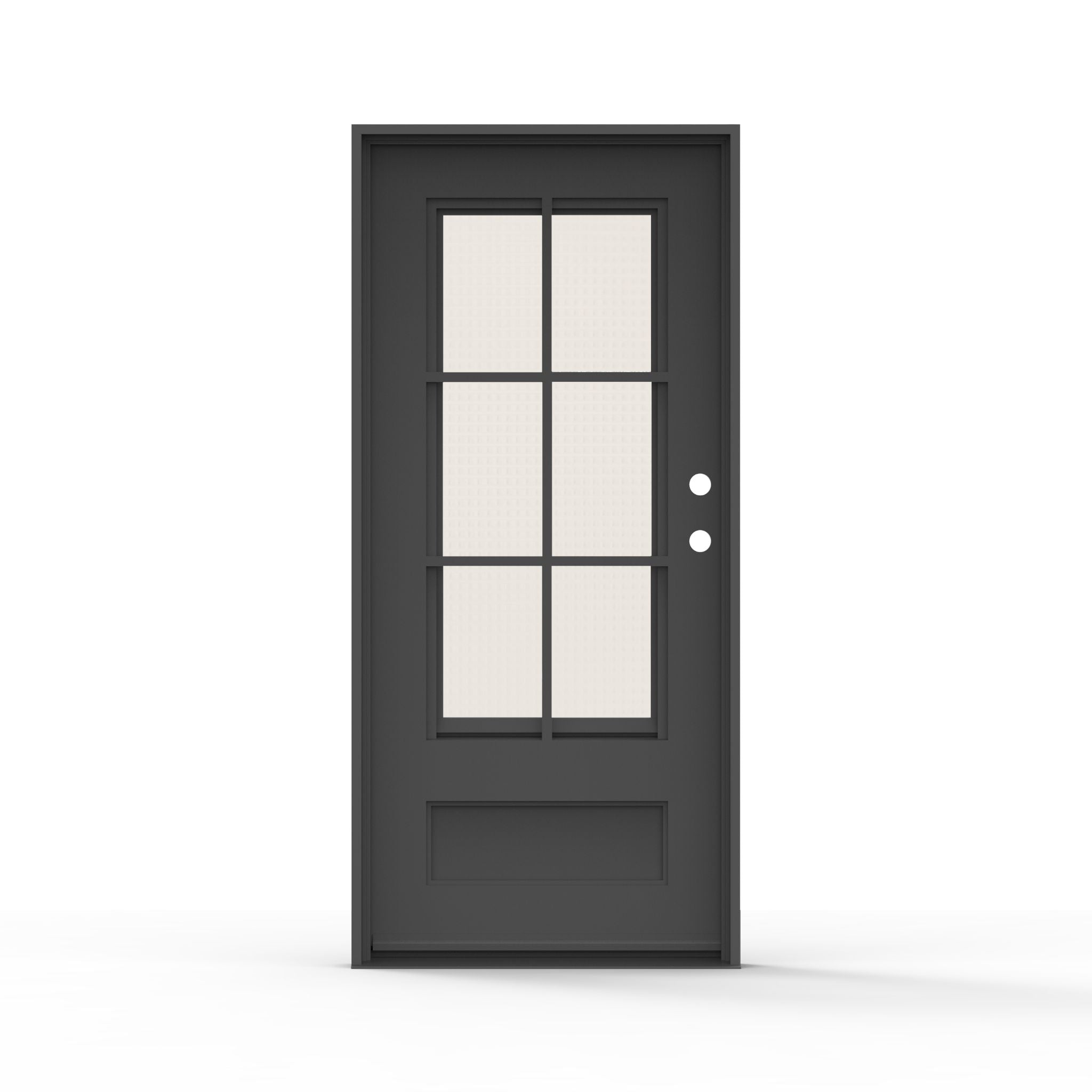 Artigiano single steel entry door 36x80 inches, left-hand inswing, matte black finish with 6-lite clear glass with screen and raised bottom panel