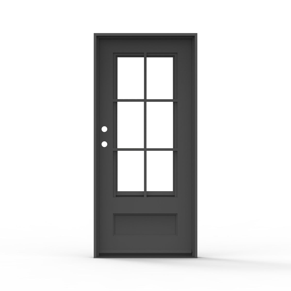 Artigiano single steel entry door 36x80 inches, right-hand inswing, matte black finish with 6-lite clear glass grid panel and raised bottom panel
