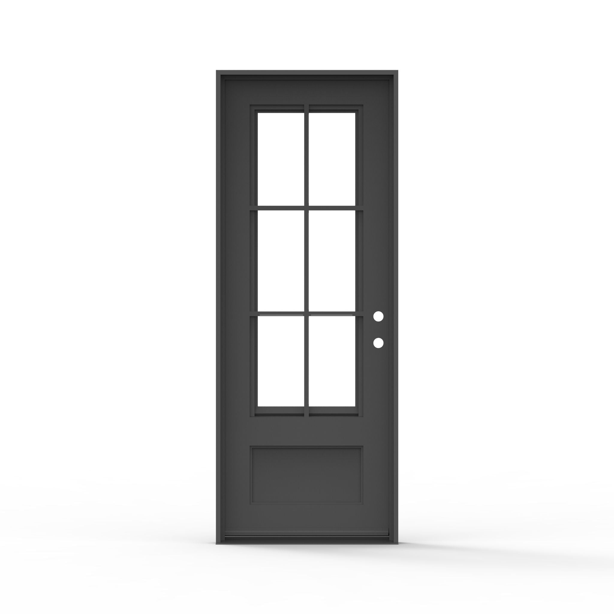 Artigiano single iron exterior entry door 36x96 inches, left-hand inswing, matte black finish with 6-lite clear glass grid panel and raised bottom panel