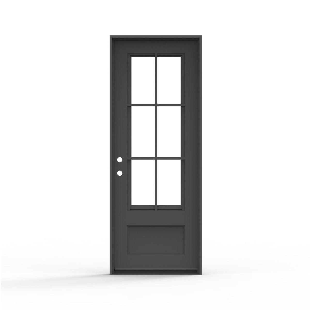 Artigiano single steel entry door 36x96 inches, right-hand inswing, matte black finish with 6-lite clear glass grid panel and raised bottom panel