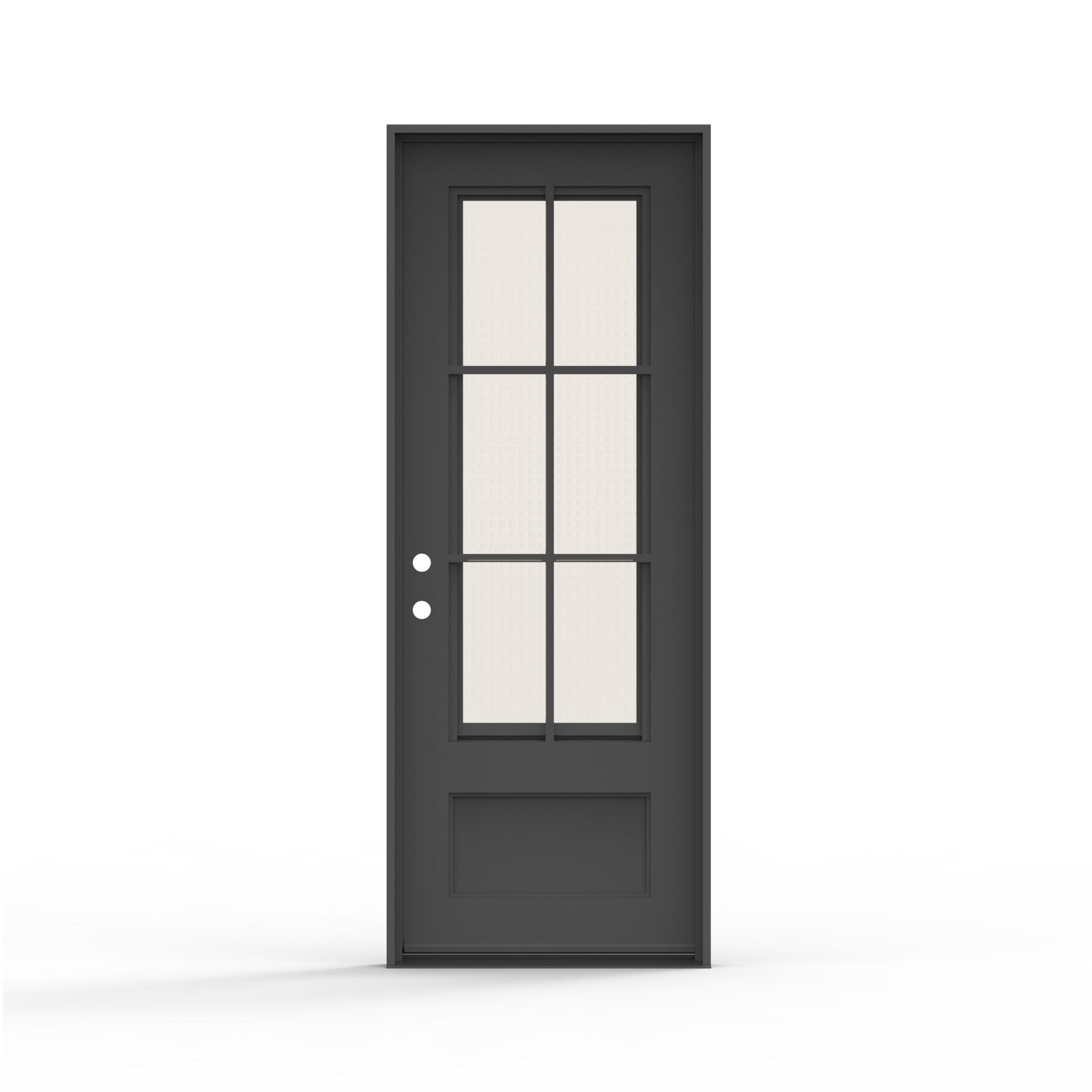 Artigiano single steel entry door 36x96 inches, right-hand inswing, matte black finish with 6-lite clear glass with a screen, and a raised bottom panel