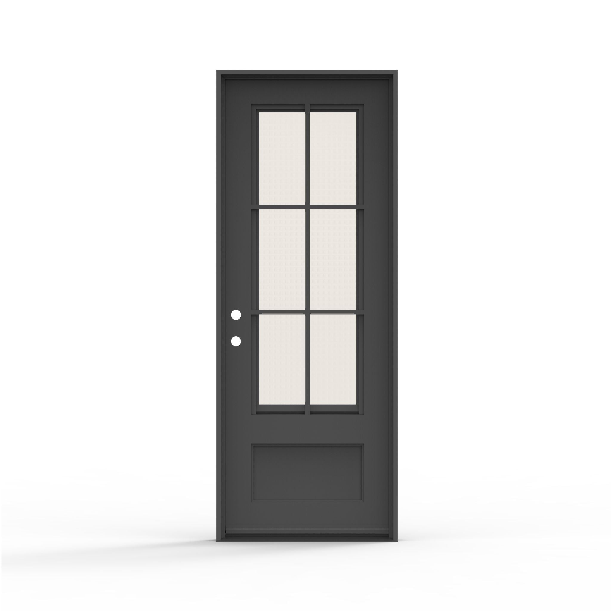 Artigiano single steel entry door 36x96 inches, right-hand inswing, matte black finish with 6-lite clear glass with a screen, and a raised bottom panel