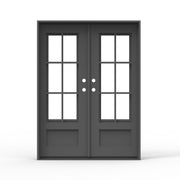 Artigiano double iron entry door 60x80 inches, matte black finish with thermal break construction, 6-lite clear glass grid panels and raised bottom panel on both doors
